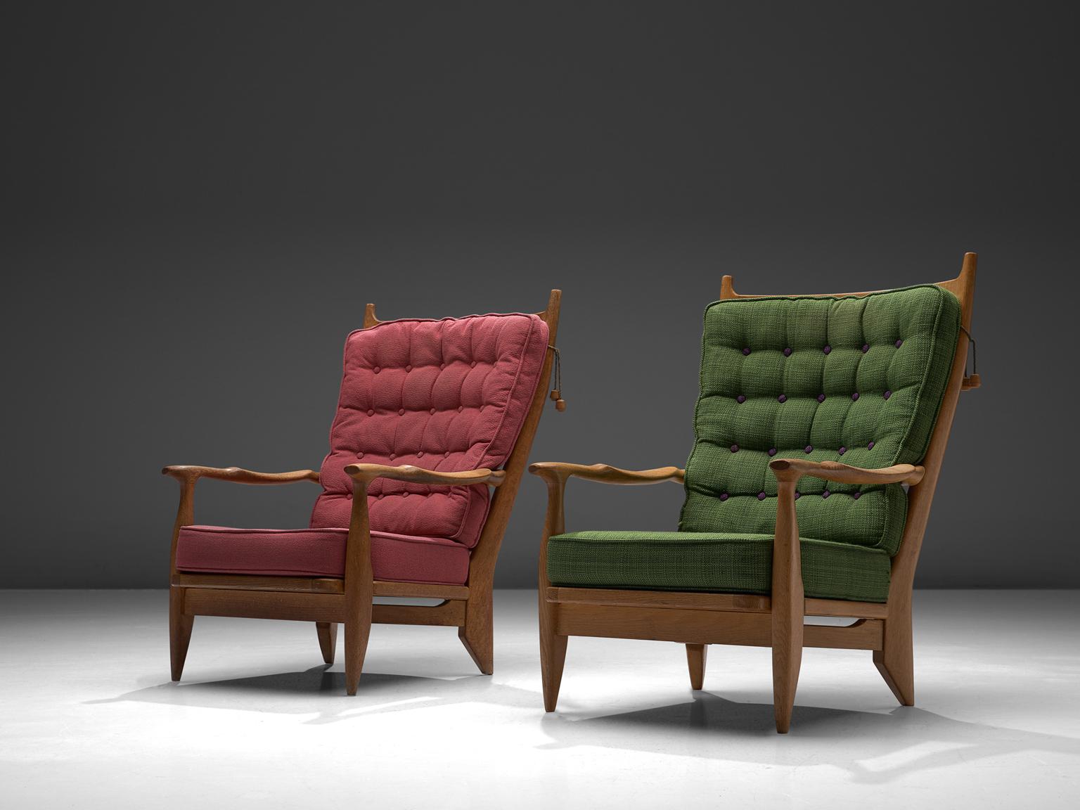 French Guillerme et Chambron Pair of Lounge Chairs with Pink and Green Upholstery