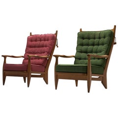 Guillerme et Chambron Pair of Lounge Chairs with Pink and Green Upholstery