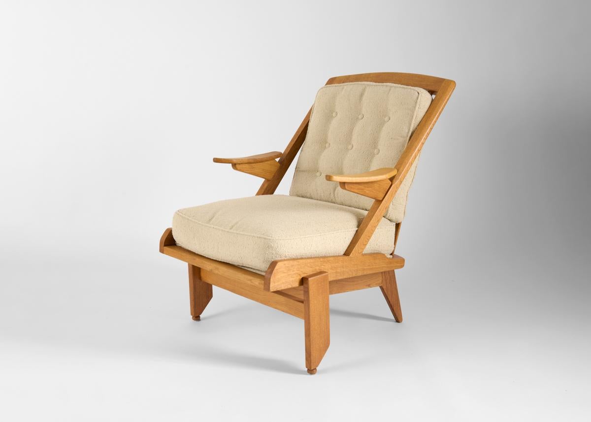 French Guillerme et Chambron, Pair of Oak Armchairs, France, Mid-century