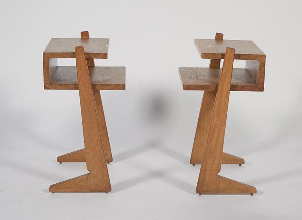 French Guillerme et Chambron, Pair of Oak Nightstands circa 1970