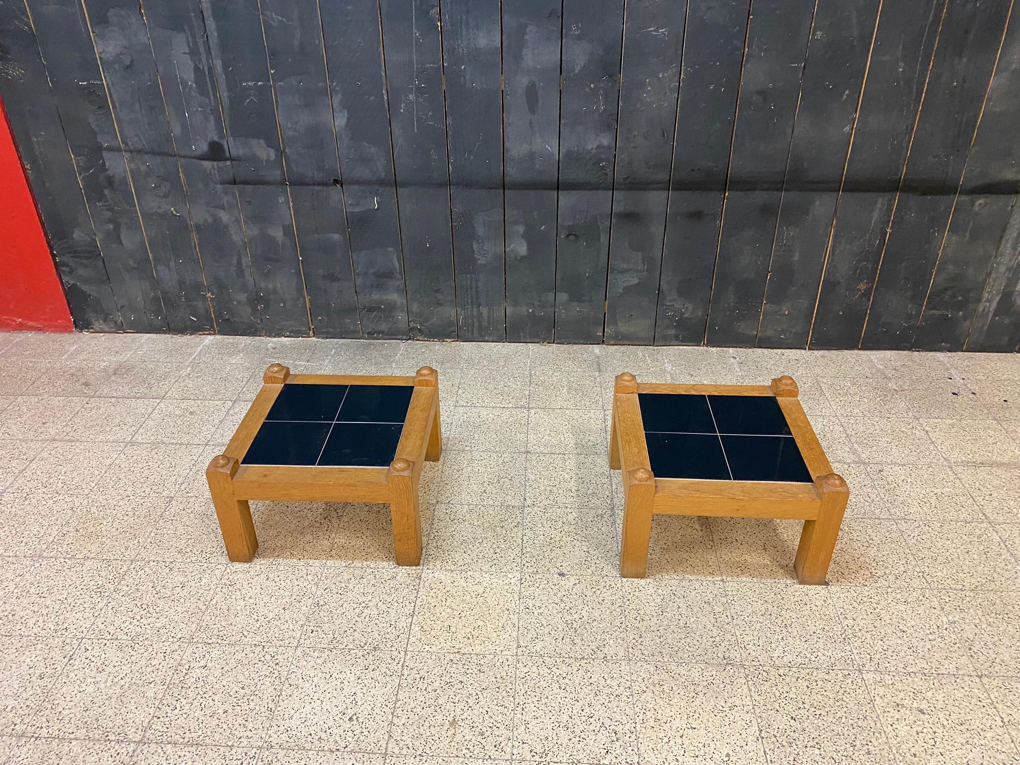 Guillerme et Chambron Pair of side tables in oak and ceramic,Votre Maison 1970