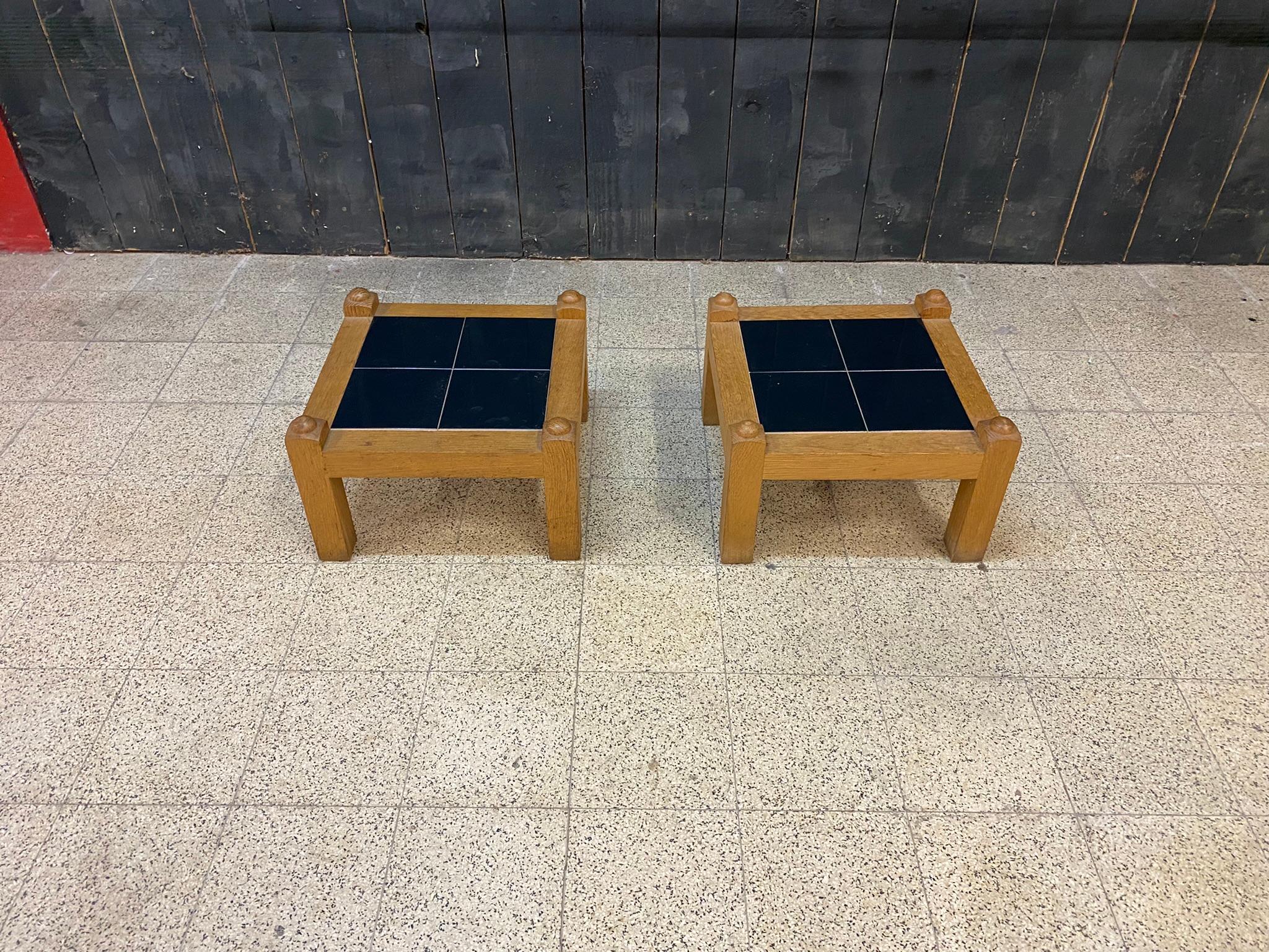 Guillerme et Chambron Pair of side tables in oak and ceramic, Votre Maison 1970 In Good Condition For Sale In Mouscron, WHT
