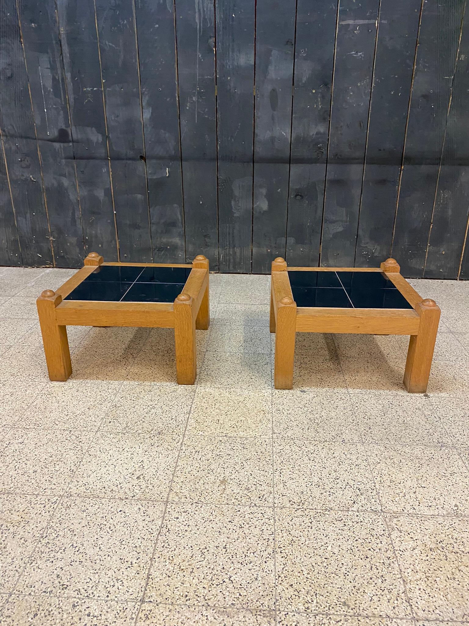 Ceramic Guillerme et Chambron Pair of side tables in oak and ceramic, Votre Maison 1970 For Sale