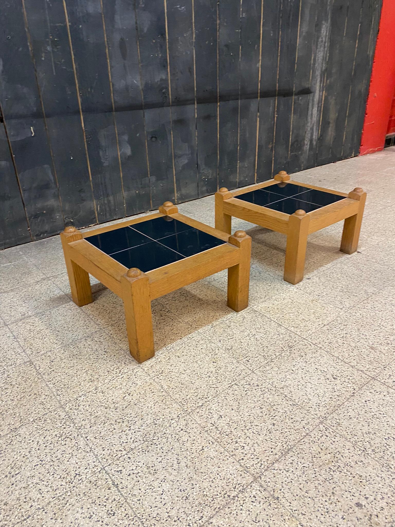 Guillerme et Chambron Pair of side tables in oak and ceramic, Votre Maison 1970 For Sale 1