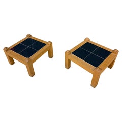 Guillerme et Chambron Pair of side tables in oak and ceramic, Votre Maison 1970