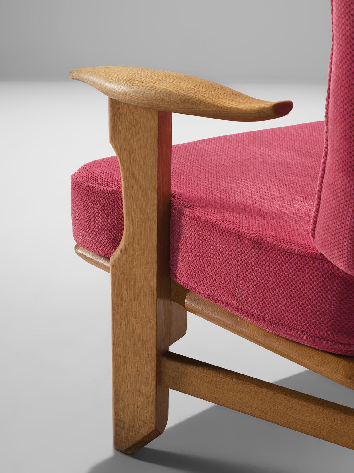 Fabric Guillerme et Chambron Pair of Solid Oak Armchairs in Pink Upholstery