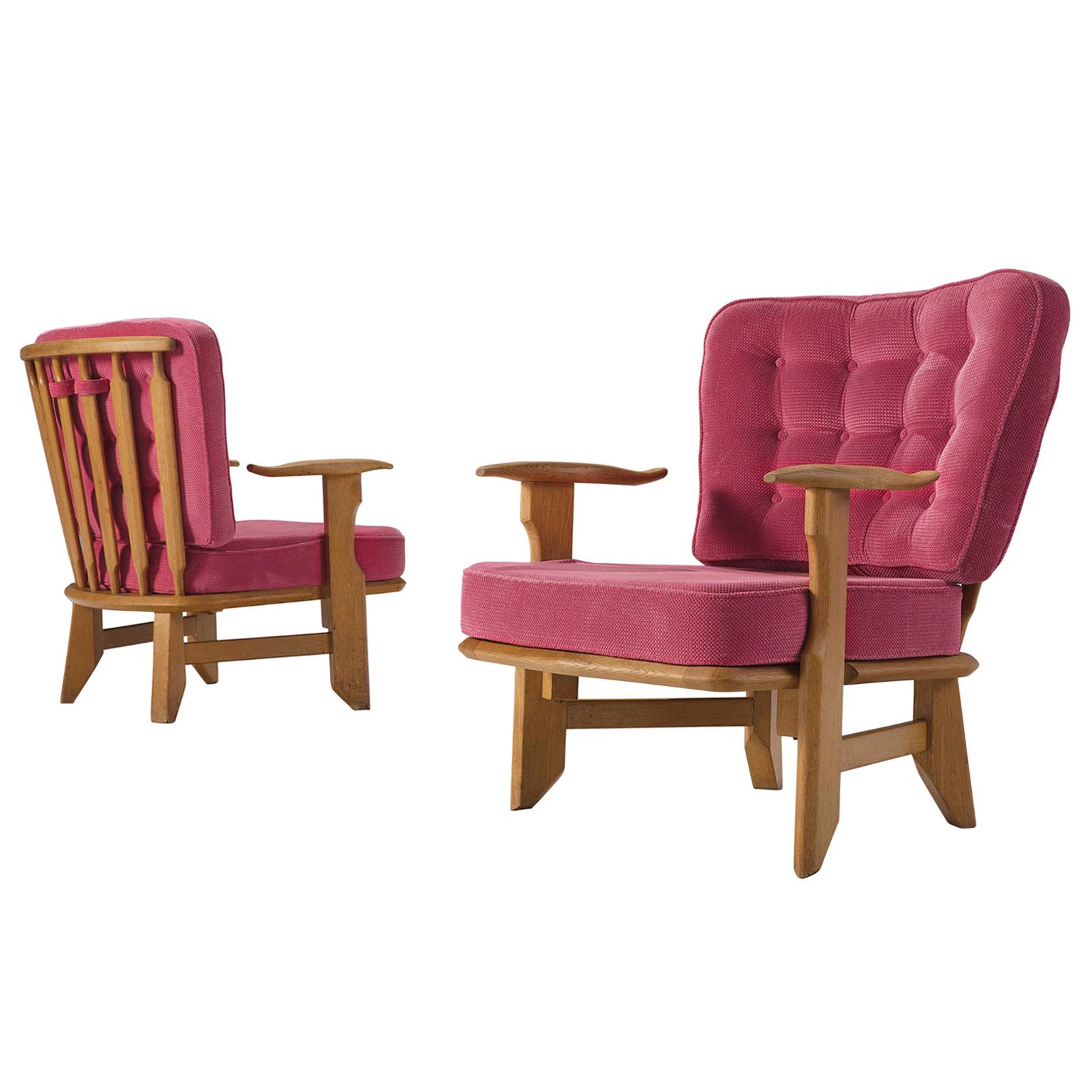 Guillerme et Chambron Pair of Solid Oak Armchairs in Pink Upholstery