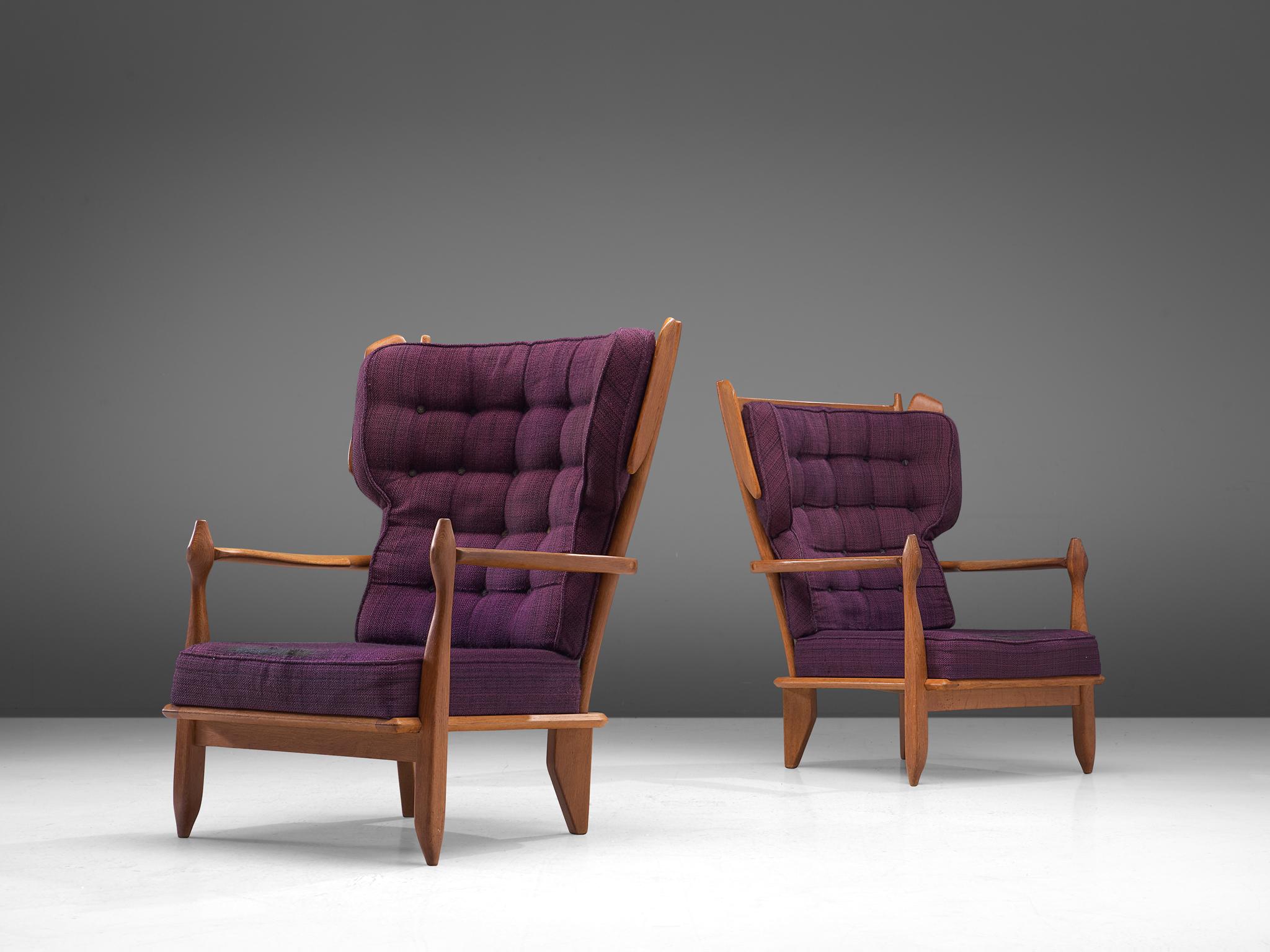 French Guillerme et Chambron Pair of Wingback Lounge Chairs in Oak