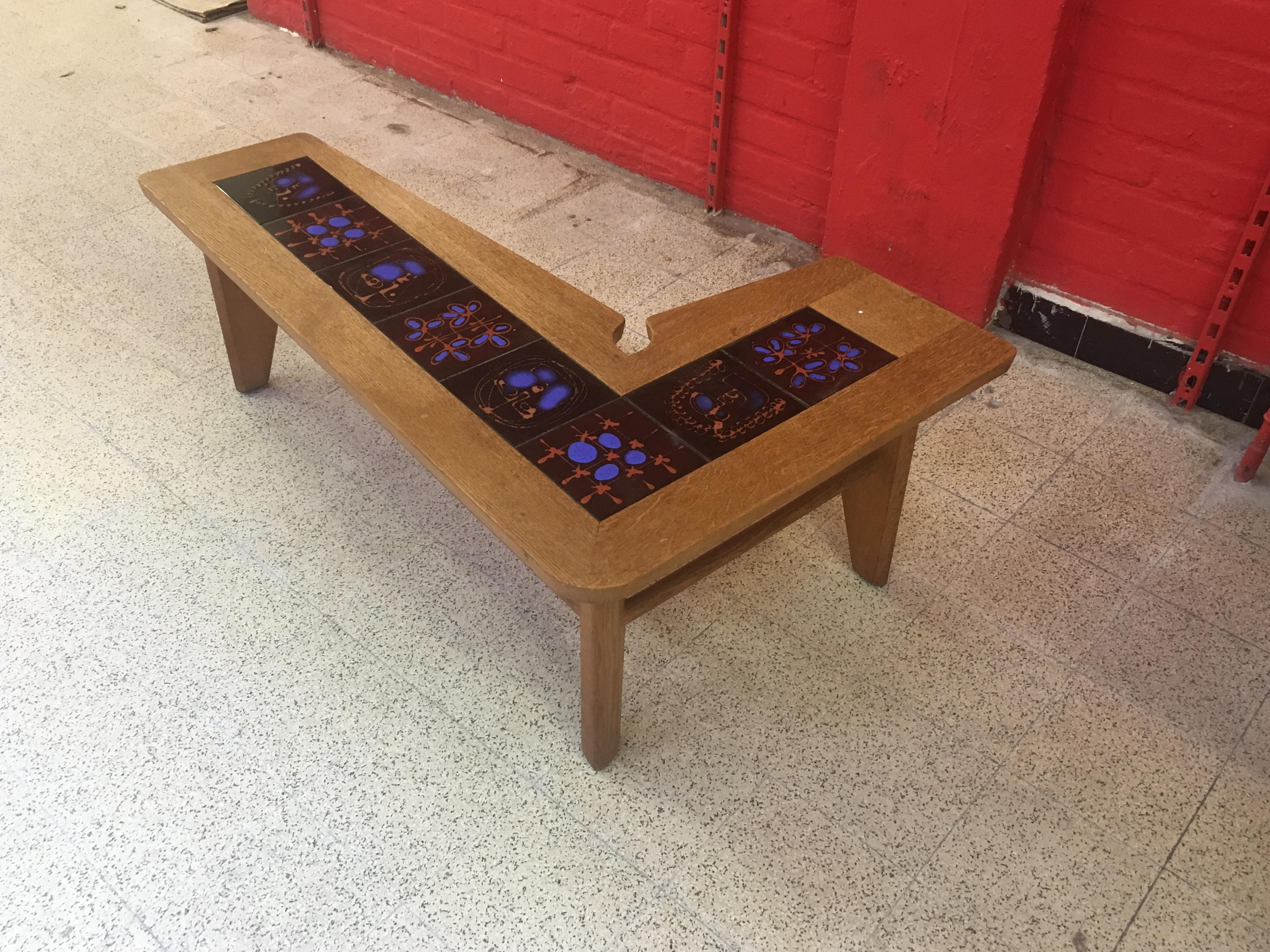 French Guillerme et Chambron, Rare Coffee Table in Oak and Ceramics, circa 1950-1960 For Sale