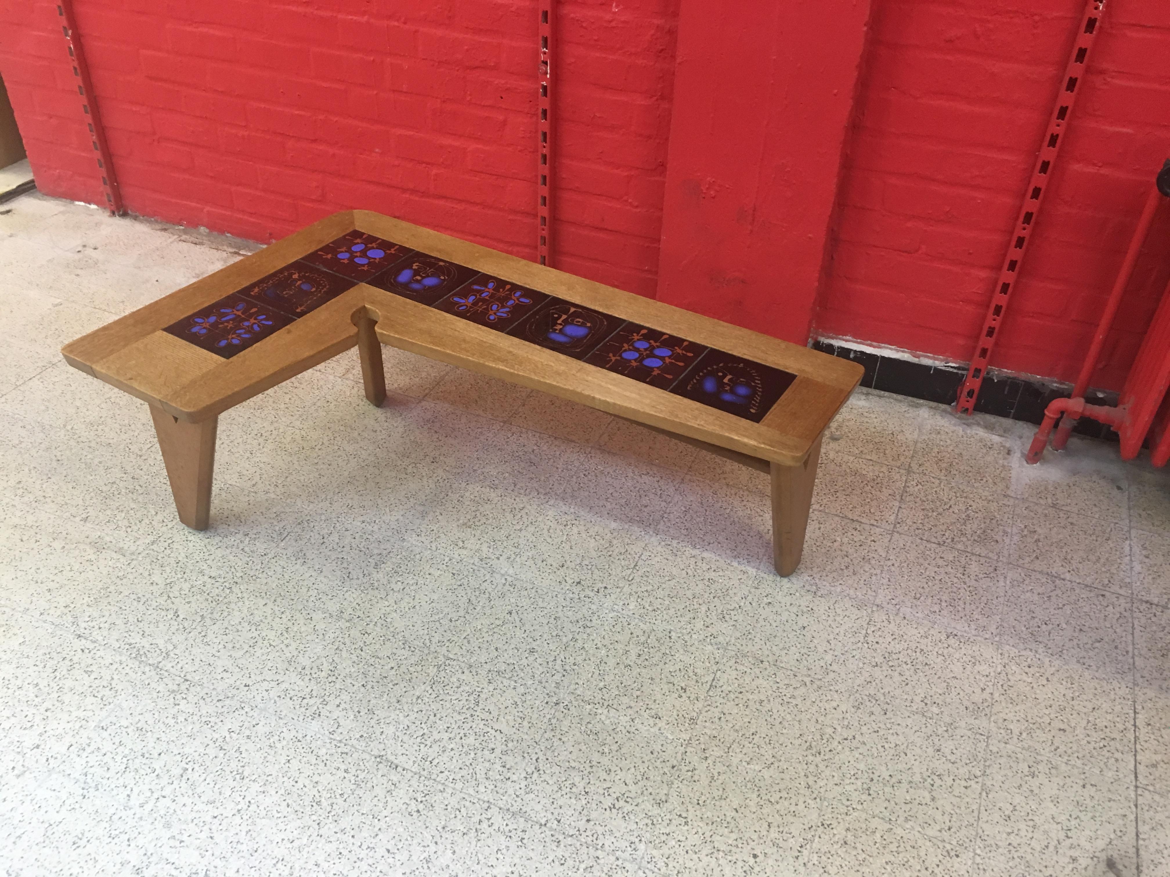 Guillerme et Chambron, Rare Coffee Table in Oak and Ceramics, circa 1950-1960 In Good Condition For Sale In Saint-Ouen, FR