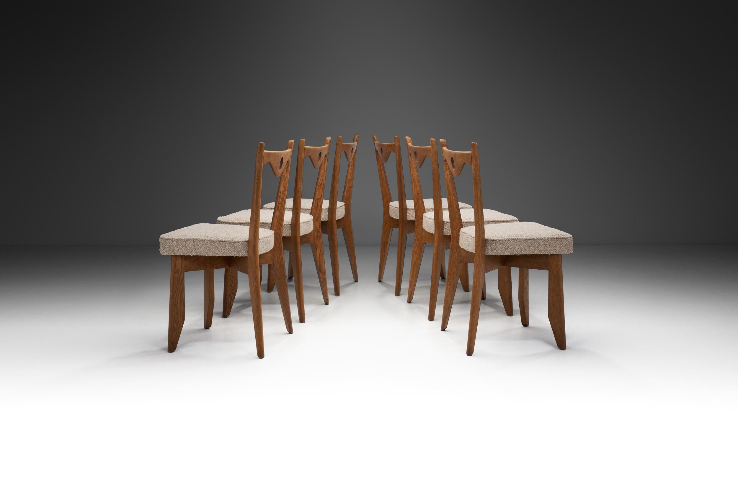 Mid-Century Modern Guillerme et Chambron Rare Set of Oak Chairs with Seats in Bouclé, France 1960s