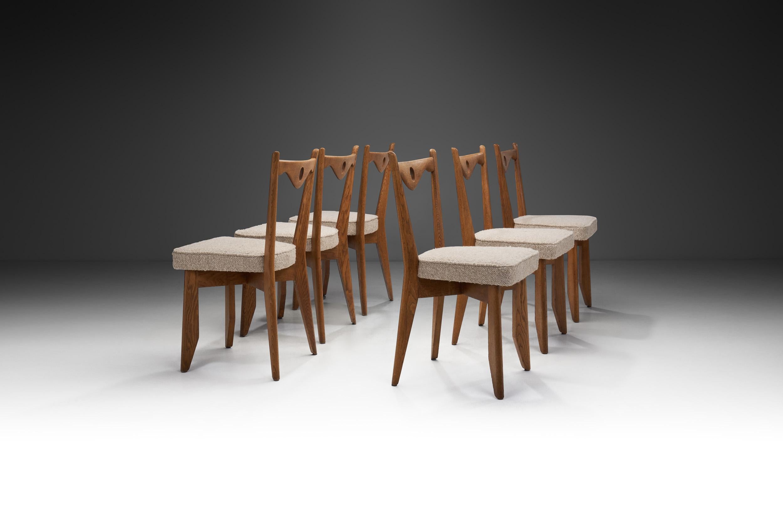 French Guillerme et Chambron Rare Set of Oak Chairs with Seats in Bouclé, France 1960s