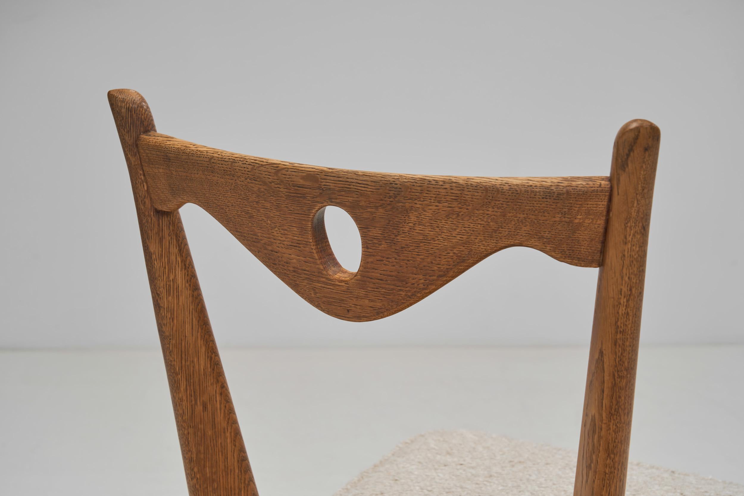 Guillerme et Chambron Rare Set of Oak Chairs with Seats in Bouclé, France 1960s For Sale 2