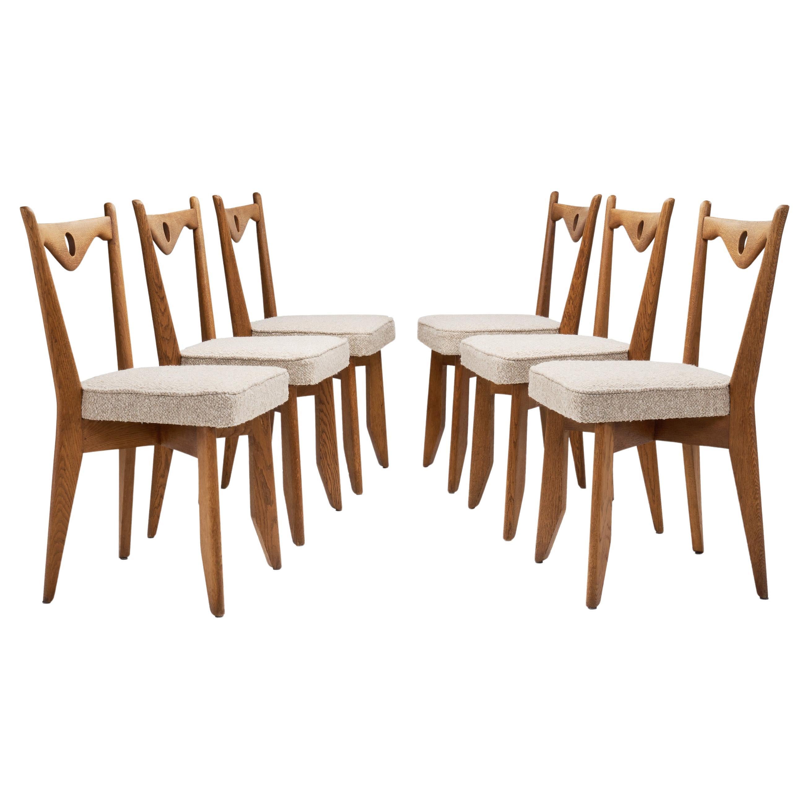 Guillerme et Chambron Rare Set of Oak Chairs with Seats in Bouclé, France 1960s For Sale