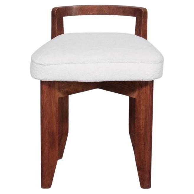 Guillerme et Chambron 'Rubercrin' Mid-Century Oak Stool in Alpaca Fabric