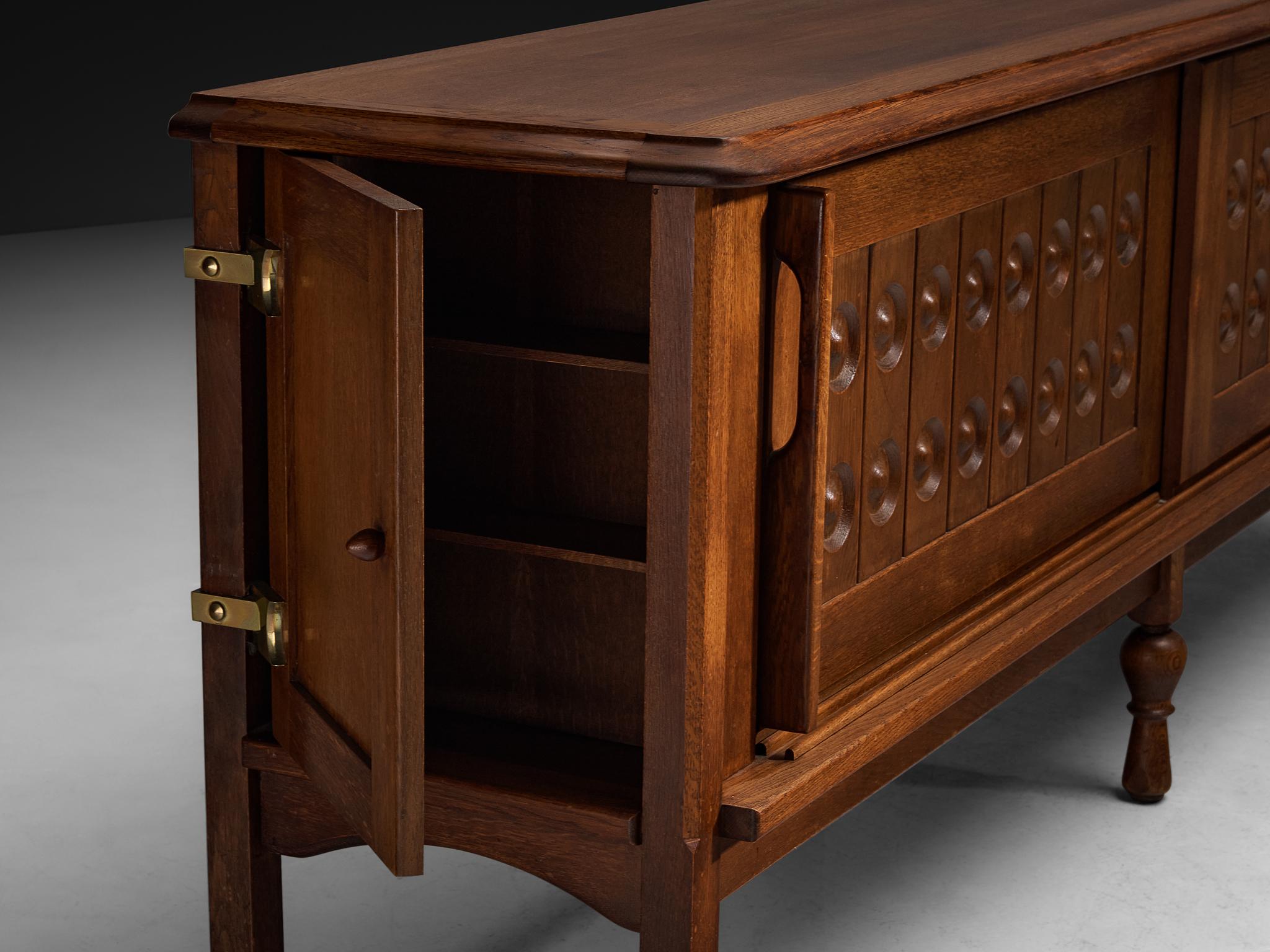 Ottone Guillerme et Chambron Sculptural Carved Sideboard in Solid Oak and Brass in vendita