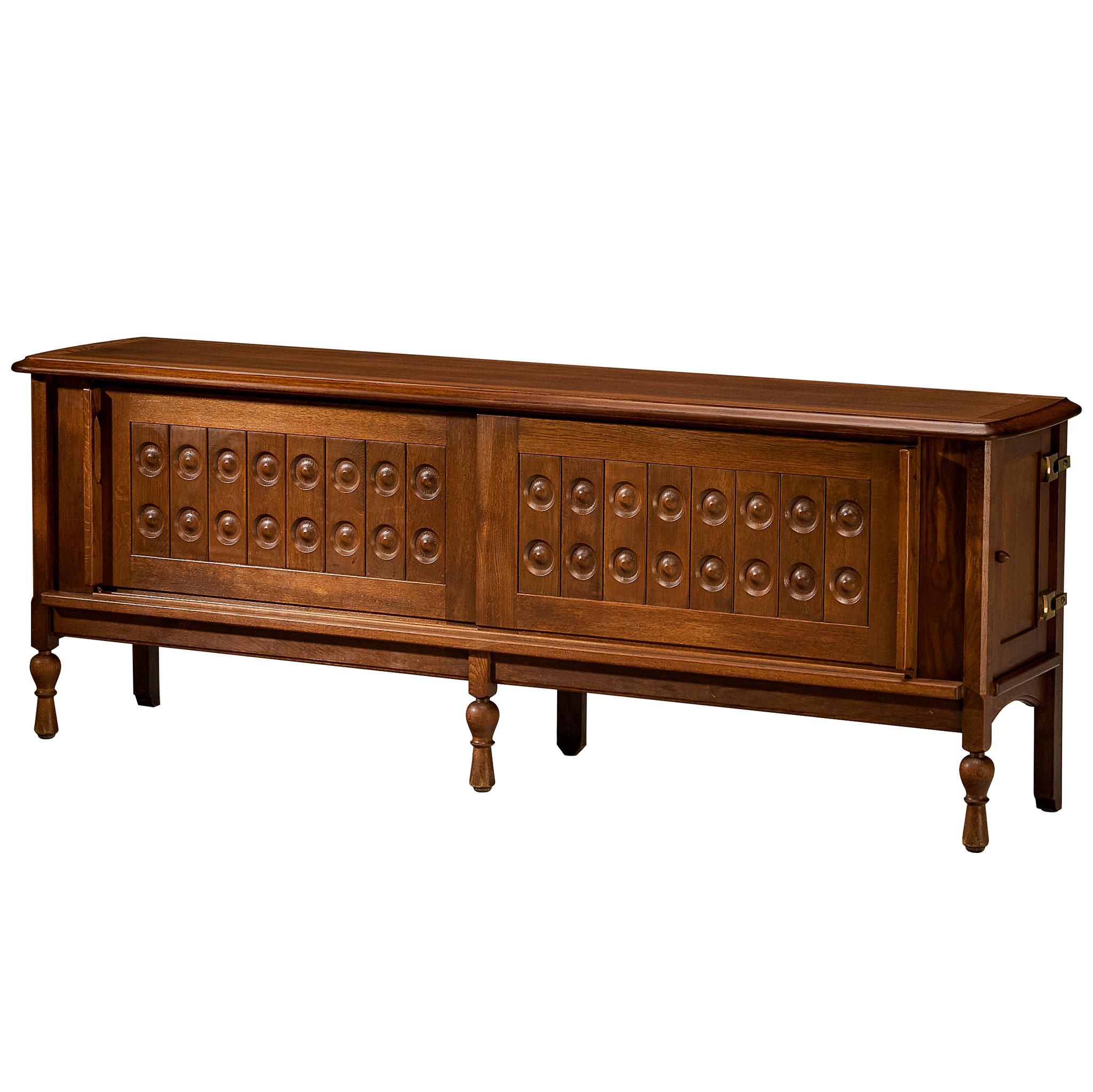 Guillerme et Chambron Sculptural Carved Sideboard in Solid Oak and Brass