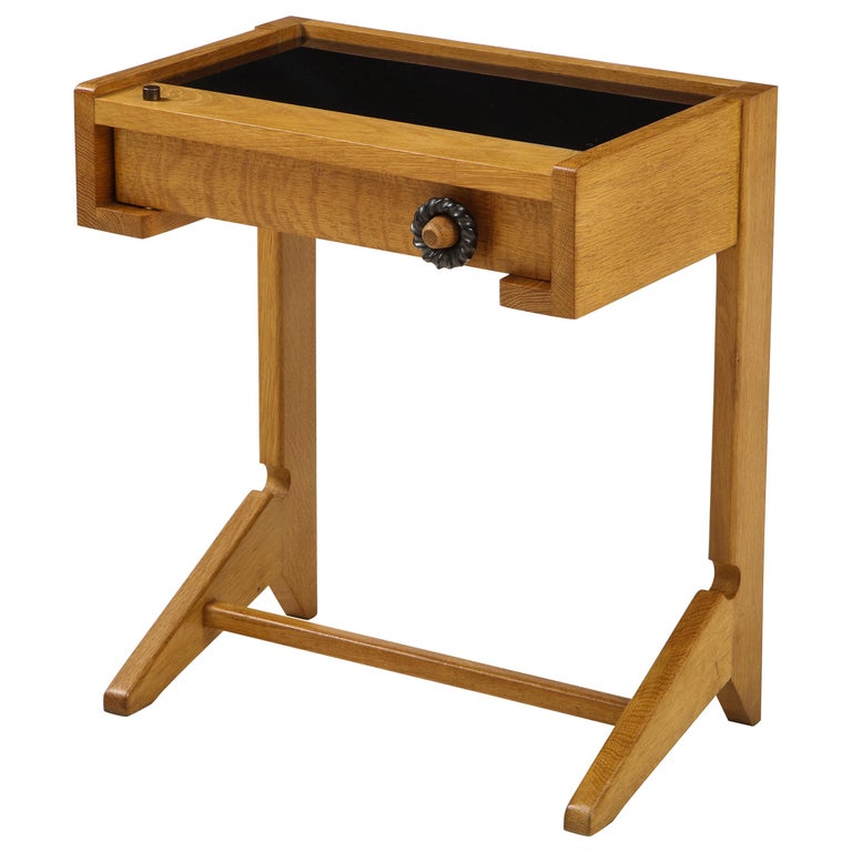 Guillerme et Chambron Sculptural Oak and Black Glass Side Table, France