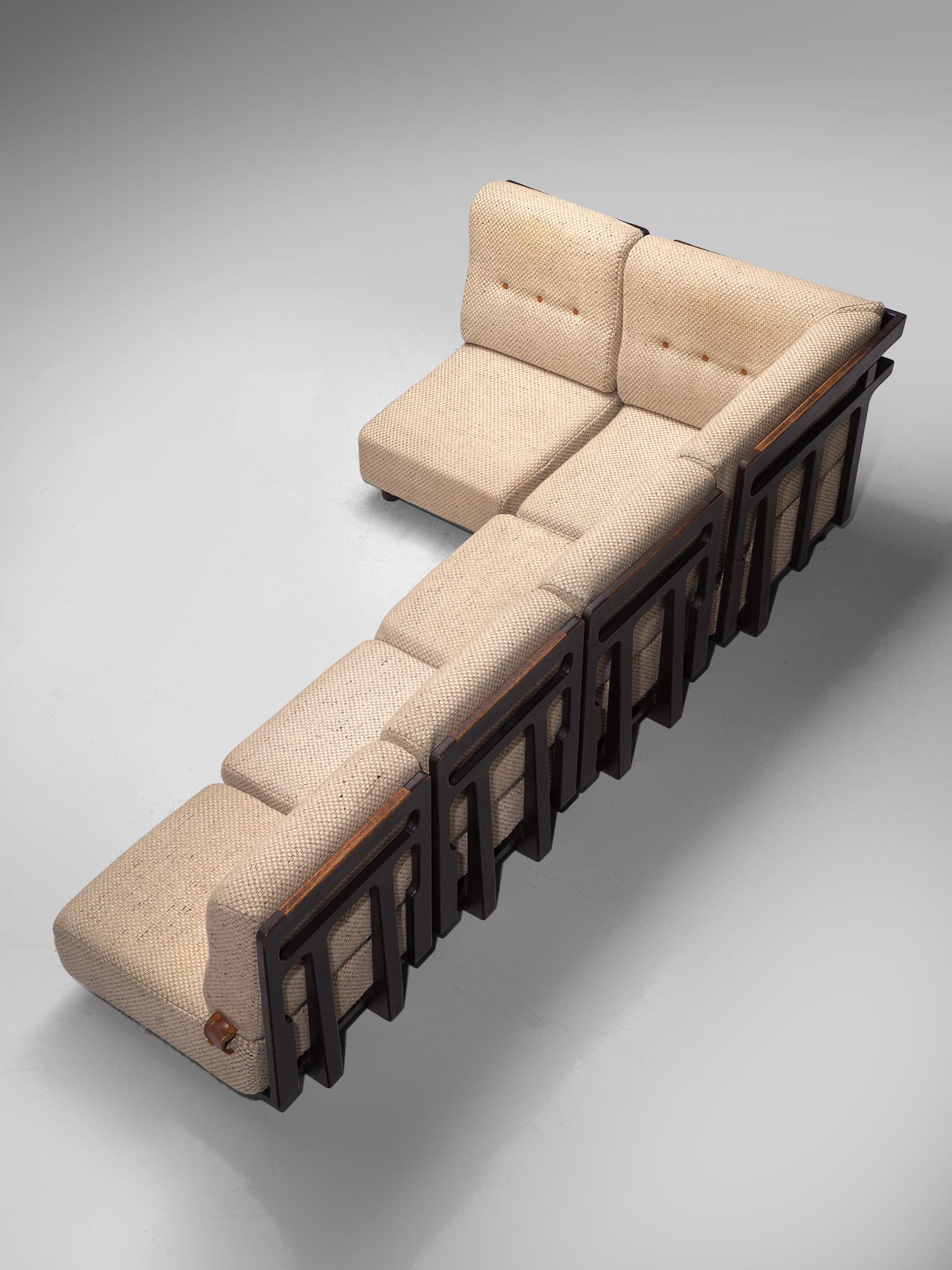 Guillerme et Chambron for Votre Maison, sectional sofa, fabric and oak, France, circa 1950.

Beautiful sectional sofa consisting of five elements that can be positioned in any preferred way, designed by the French duo Guillerme et Chambron. The