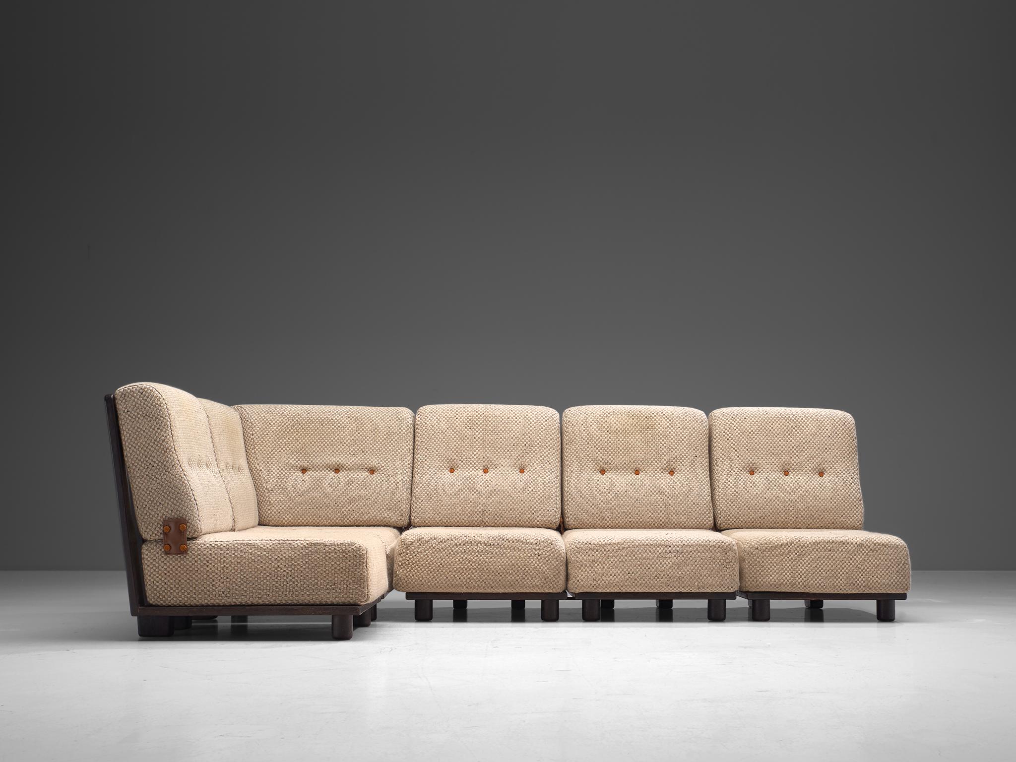 Guillerme et Chambron for Votre Maison, sectional sofa, fabric and oak, France, circa 1950

Beautiful sectional sofa consisting of five elements that can be positioned in any preferred way, designed by the French duo Guillerme et Chambron. The