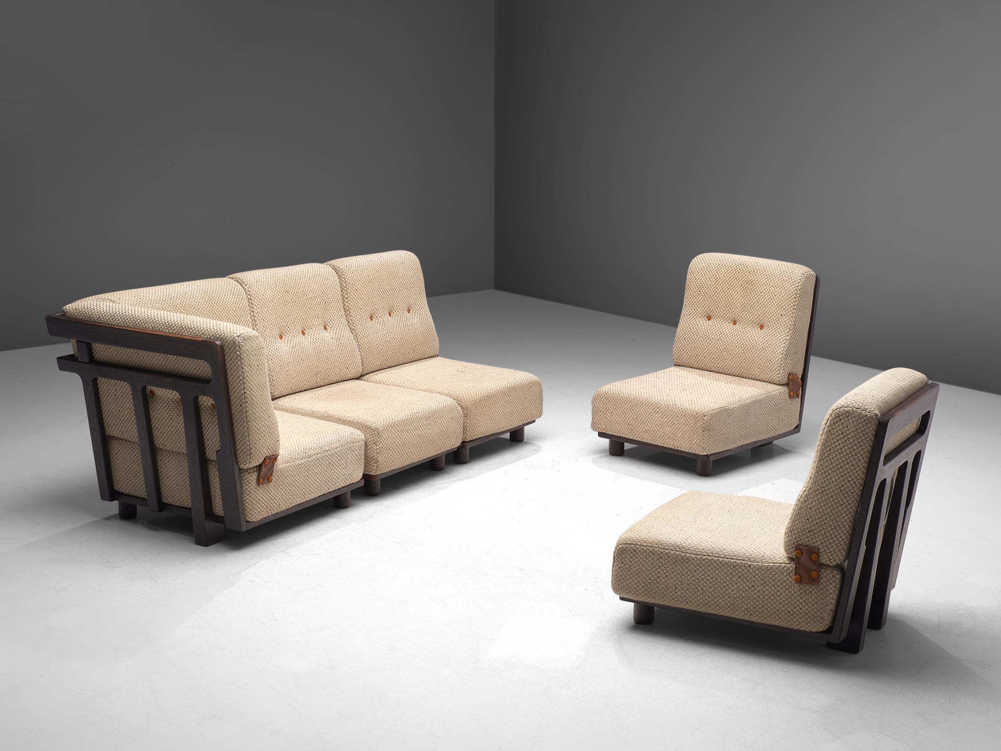 Leather Guillerme et Chambron Sectional Sofa 'Elmyre' in Beige Fabric
