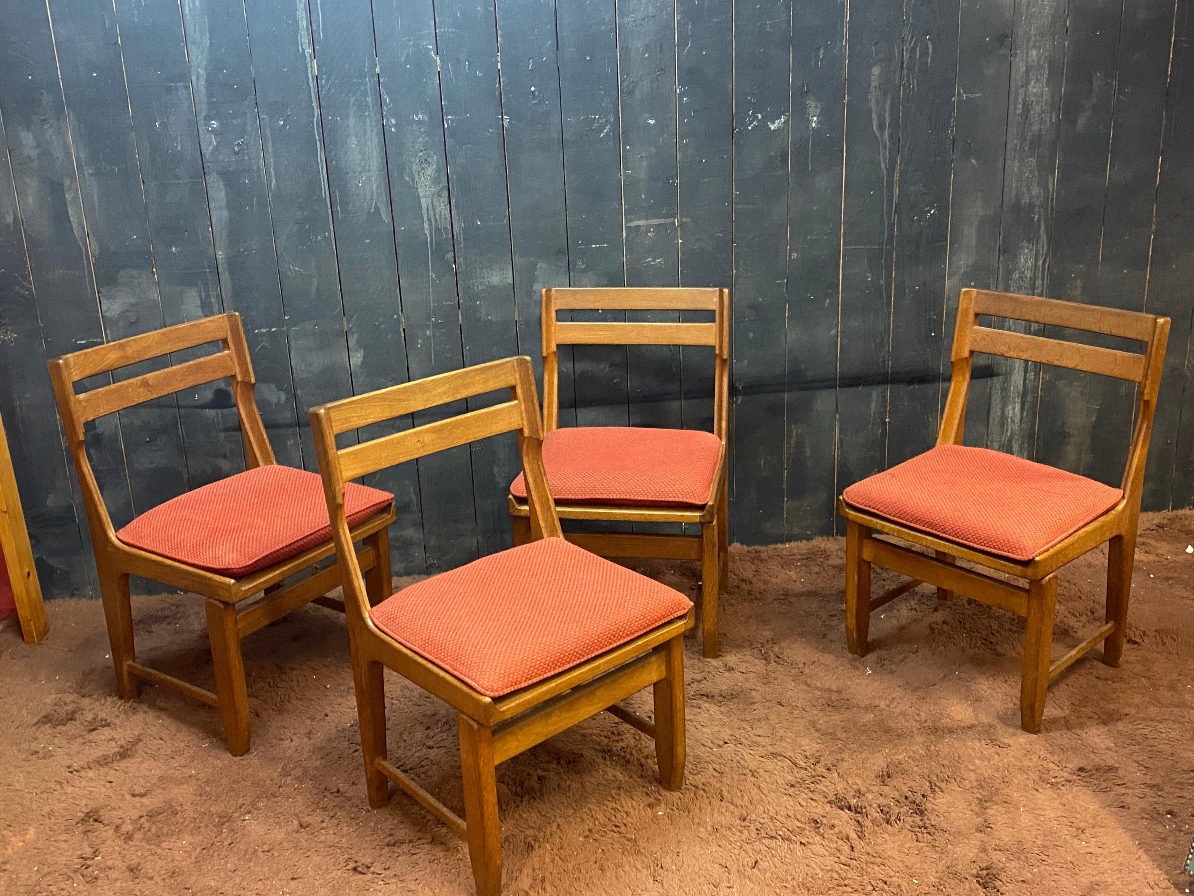 Guillerme et Chambron SET OF 4 chairs Edition Votre Maison, circa 1970.
Wood are in good condition.
faded fabric

possibility of having 12 chairs in total, patina and different fabric