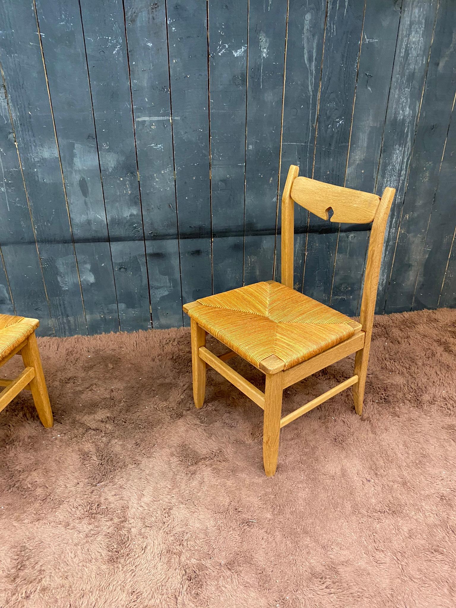 Straw Guillerme et Chambron, Set of 4 Chairs , Edition Votre Maison circa 1970 For Sale