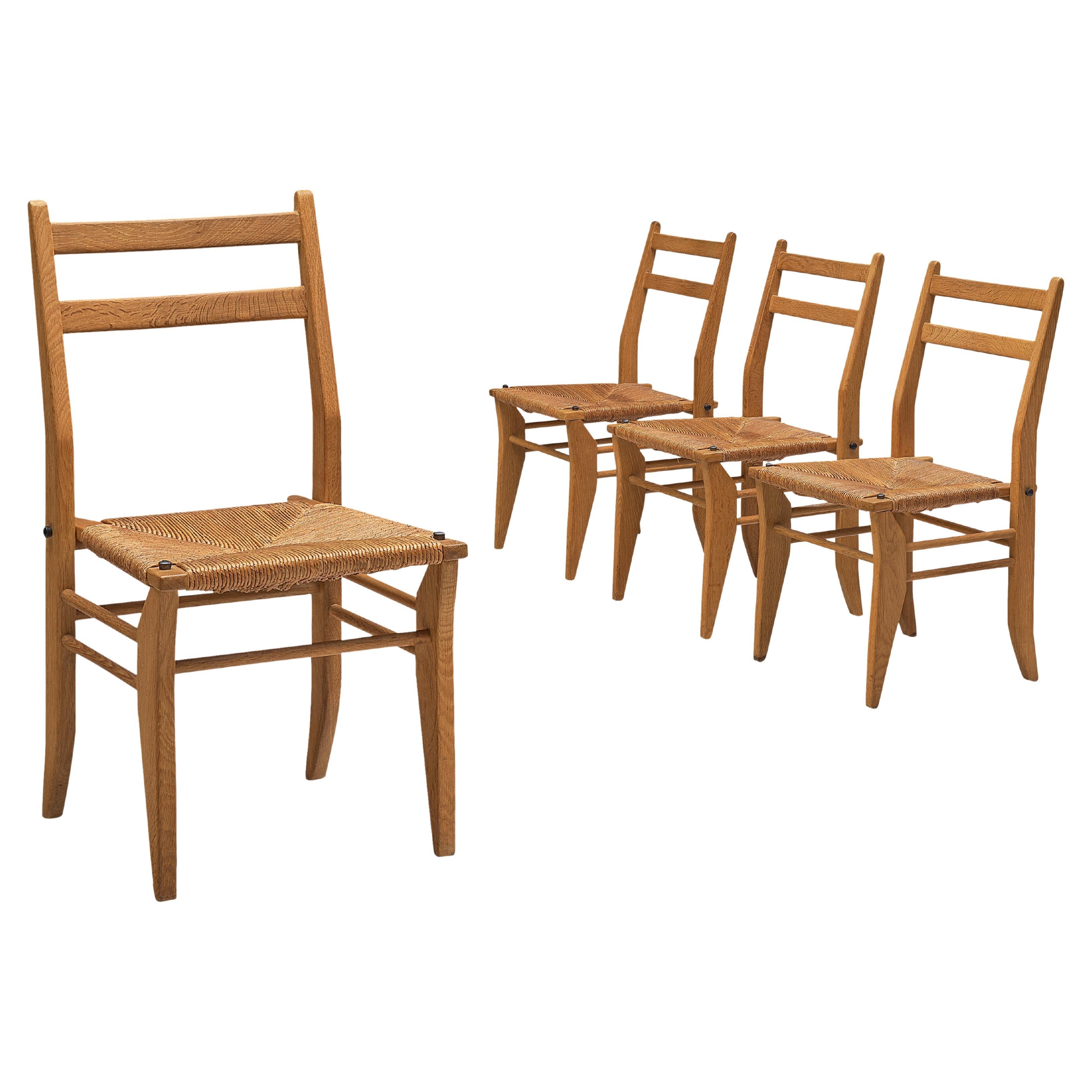 Set of Four Dining Chairs with Rattan Seats by Guillerme et Chambron