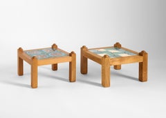Guillerme et Chambron, Set of Four Oak & Ceramic Side Tables, France, circa 1960