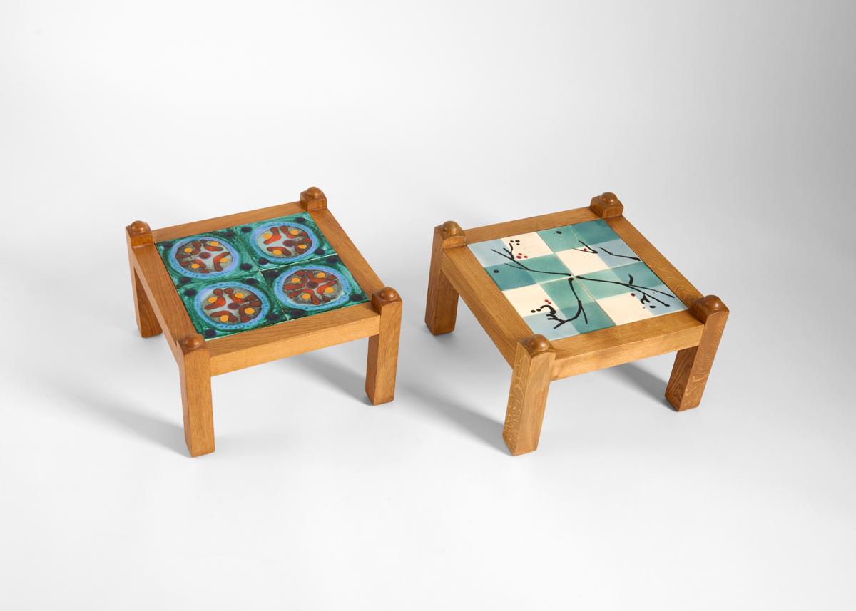 Mid-Century Modern Guillerme et Chambron, Set of Four Oak & Ceramic Side Tables, France, circa 1960 For Sale