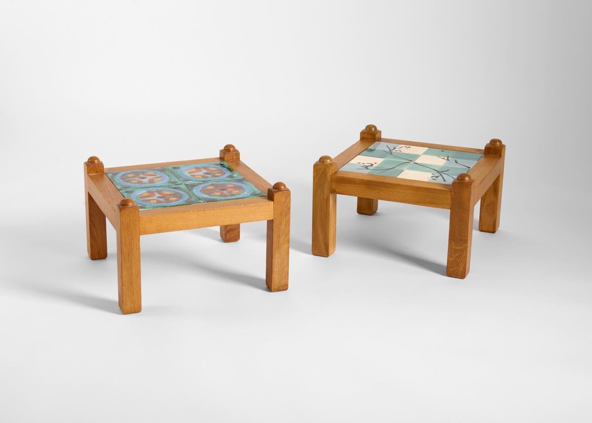 French Guillerme et Chambron, Set of Four Oak & Ceramic Side Tables, France, circa 1960 For Sale