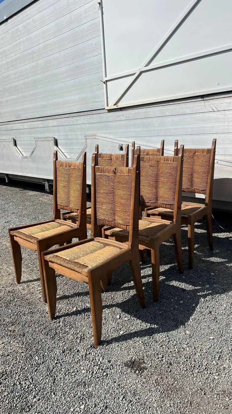 Guillerme et Chambron Set of Six Dining Chairs in Oak and Straw For