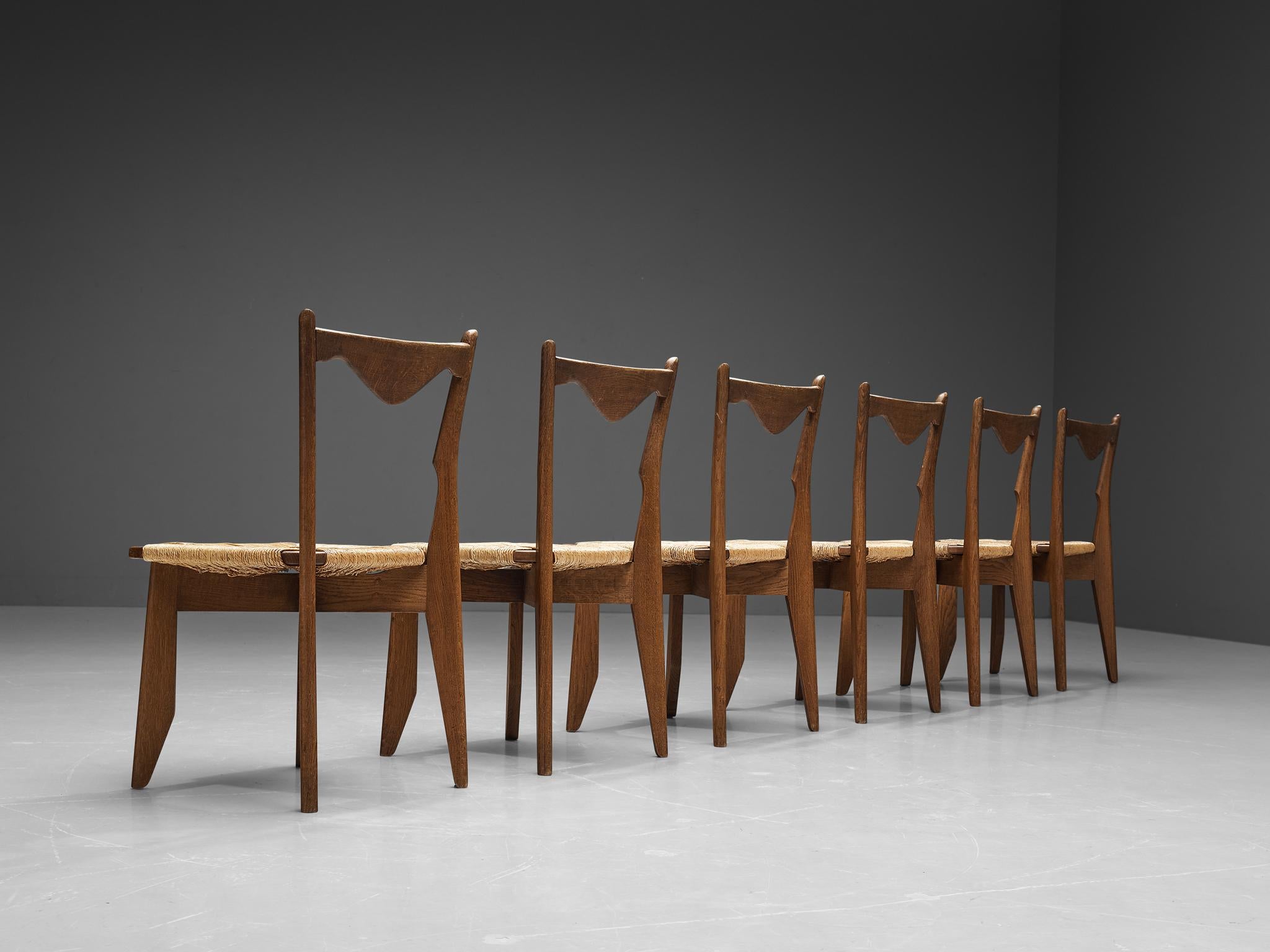 Guillerme et Chambron Set of Six Dining Chairs in Oak and Straw Seats 2