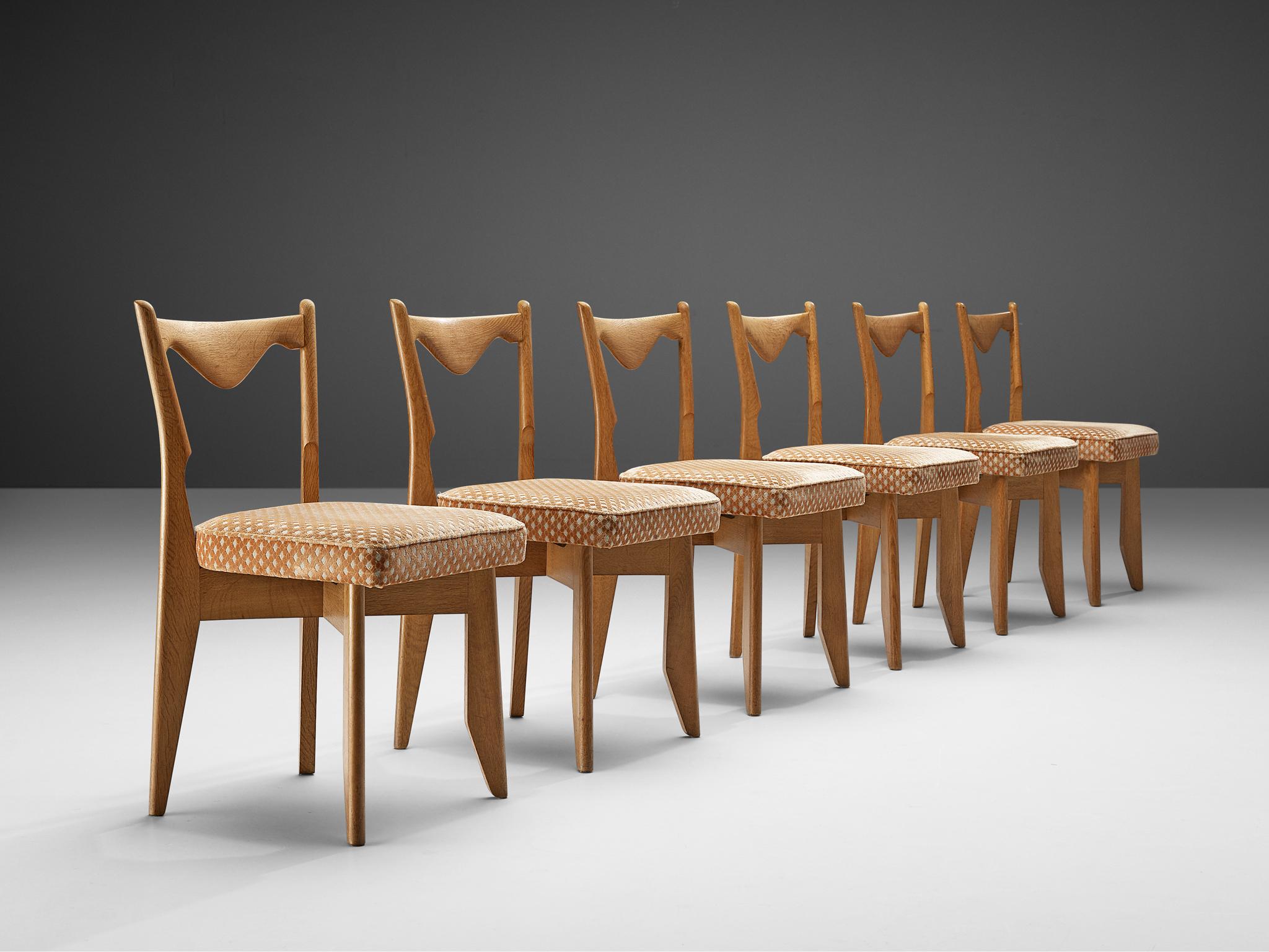 Fabric Guillerme et Chambron Set of Six Dining Chairs Model 'Thibault' in Oak