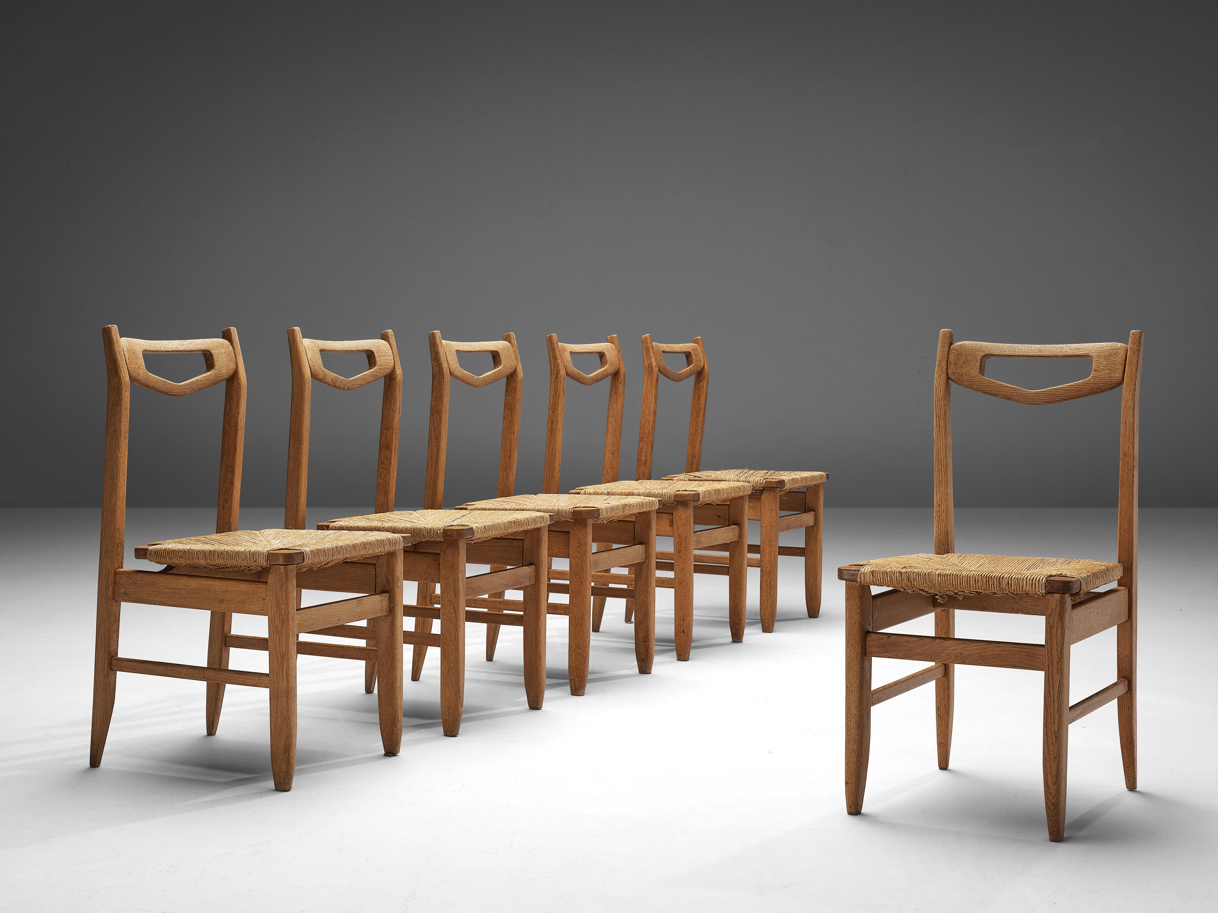 Guillerme et Chambron Set of Six Dining Chairs in Oak with Rush Seats 2
