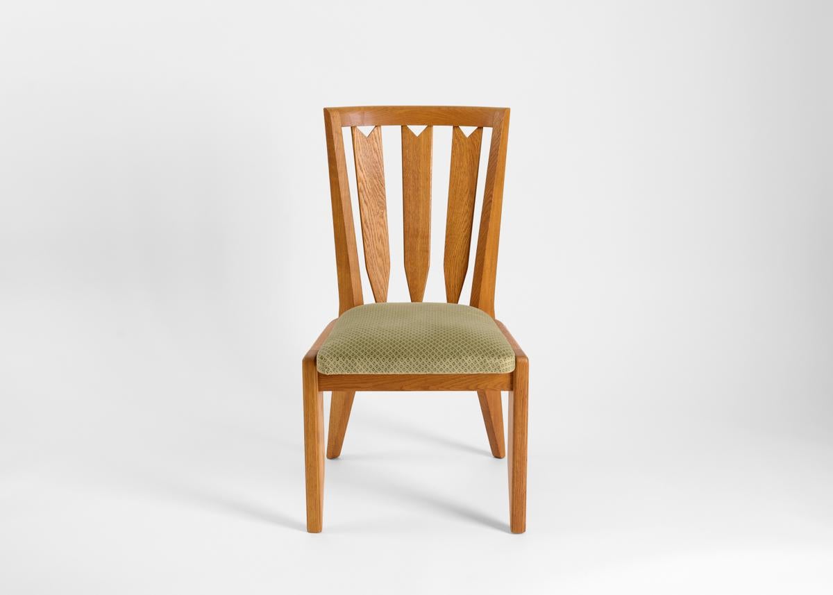 French Guillerme et Chambron, Set of Six Oak Dining Chairs, France, Mid-Century