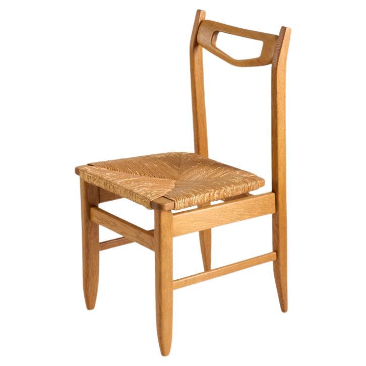 Guillerme et Chambron, Set of Six Oak & Straw Dining Chairs, France, Mid-Century