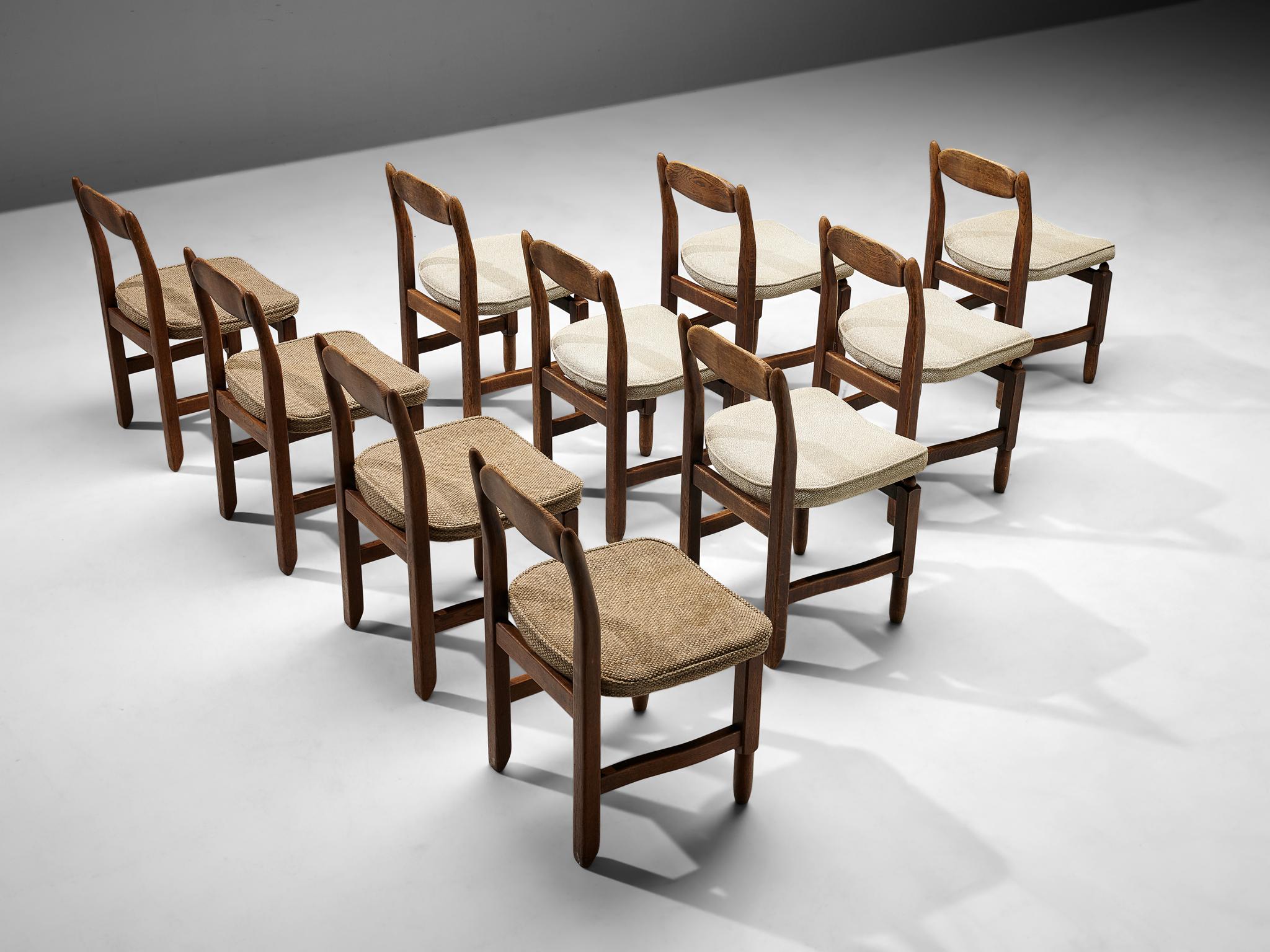 Fabric Guillerme et Chambron Set of Ten ‘Lorraine’ Dining Chairs in Solid Oak