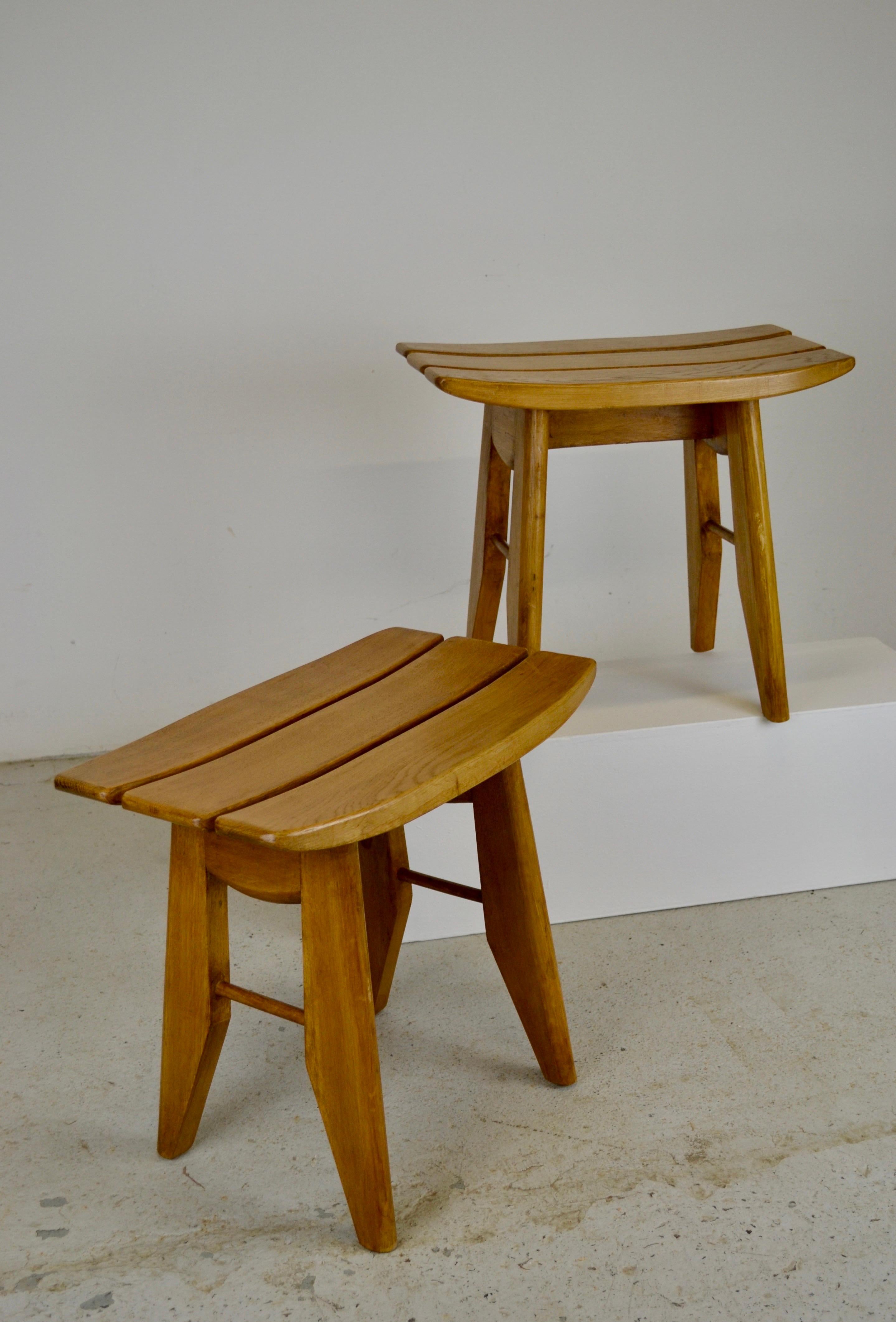 French Guillerme et Chambron Set of Two Solid Oak Stools, France, 1960s For Sale
