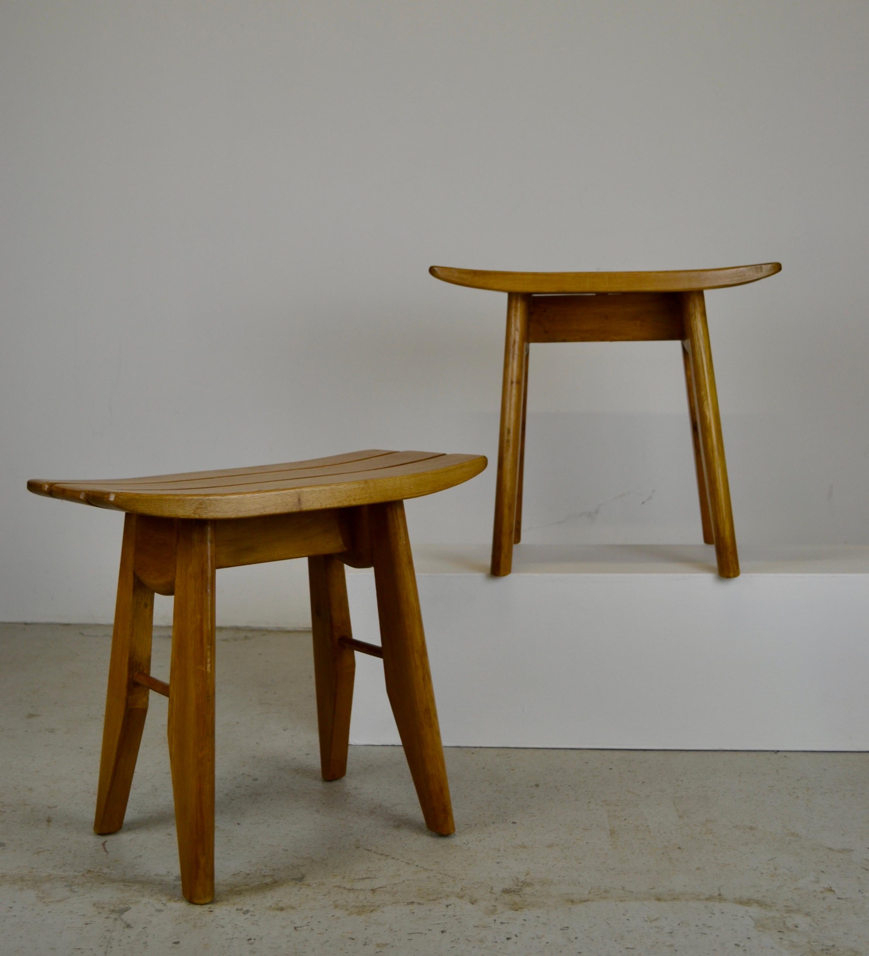 Guillerme et Chambron Set of Two Solid Oak Stools, France, 1960s For Sale 1