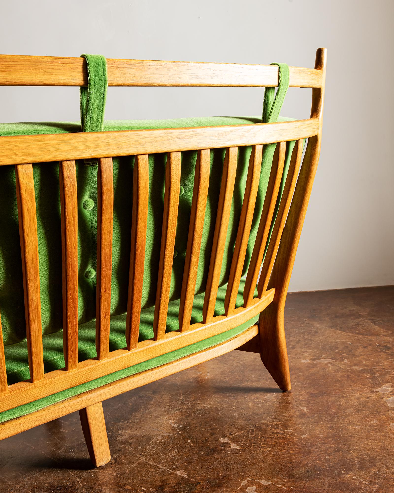 Guillerme et Chambron Settee in Oak with Mohair Velvet Cushions, France, 1960s 5