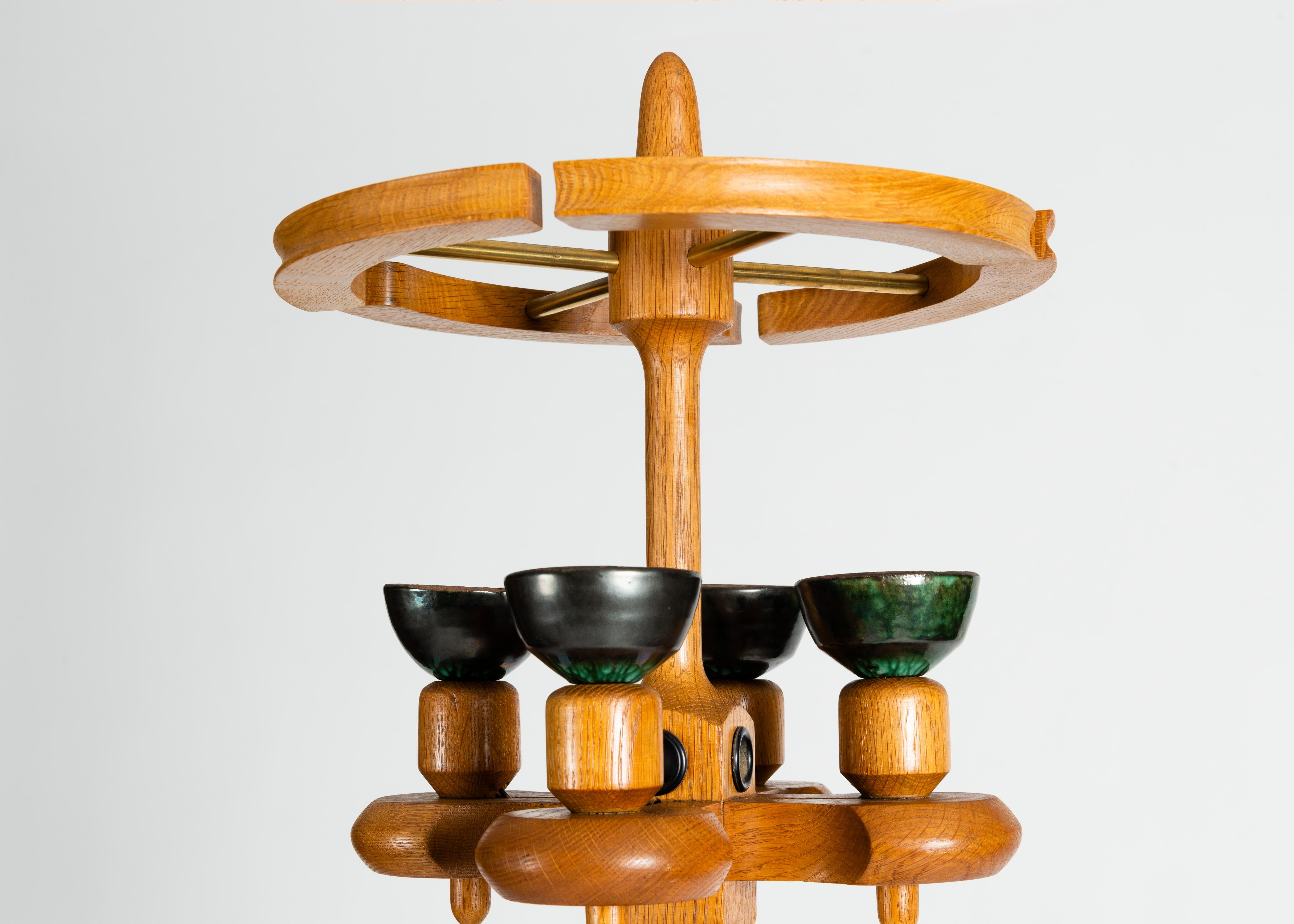 Hand-Carved Guillerme et Chambron, Side Table with Elevated Attached Lamp, France circa 1960
