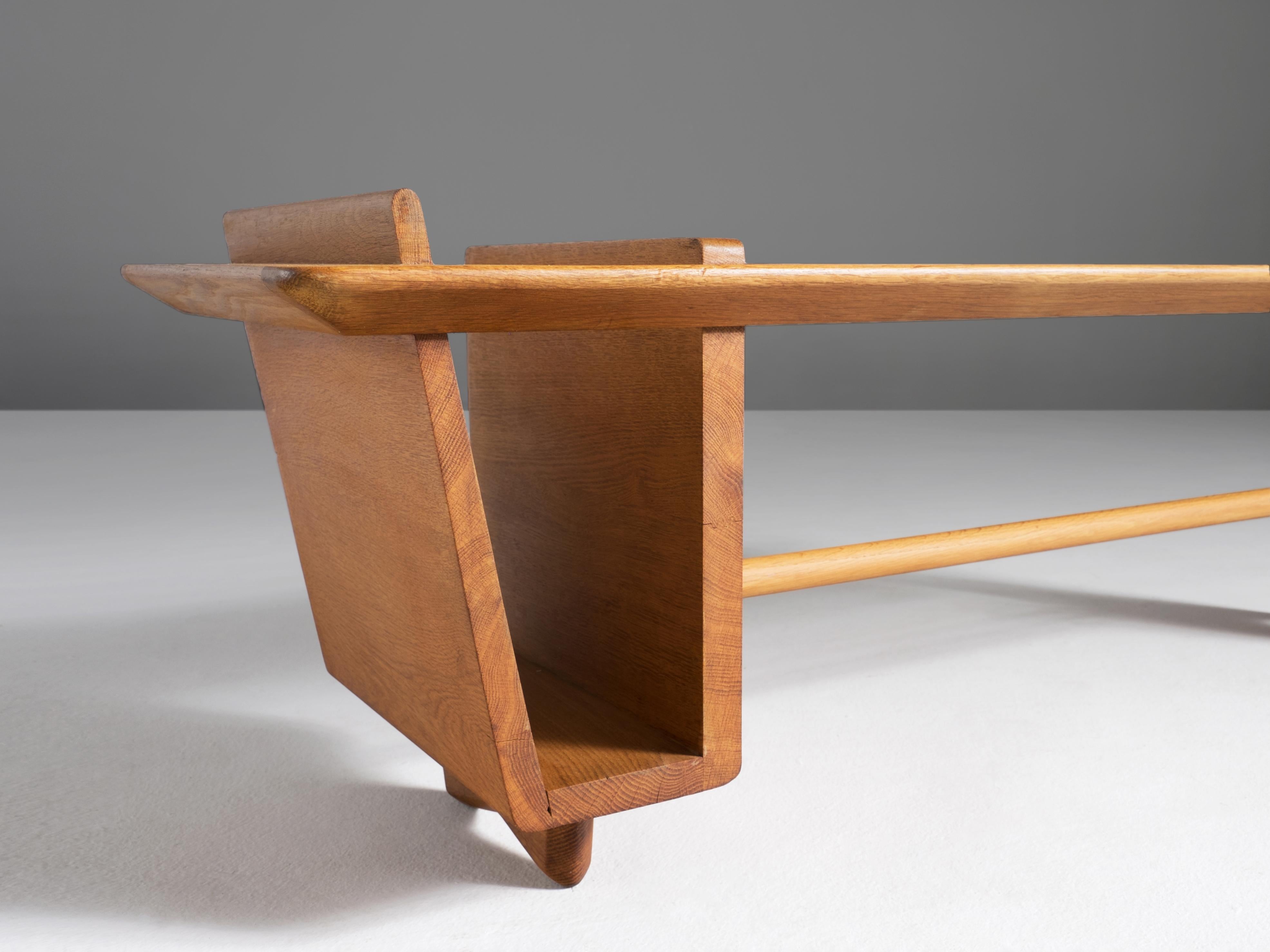 Mid-Century Modern Guillerme & Chambron Side Table with Magazine Rack in Solid Oak and Ceramic