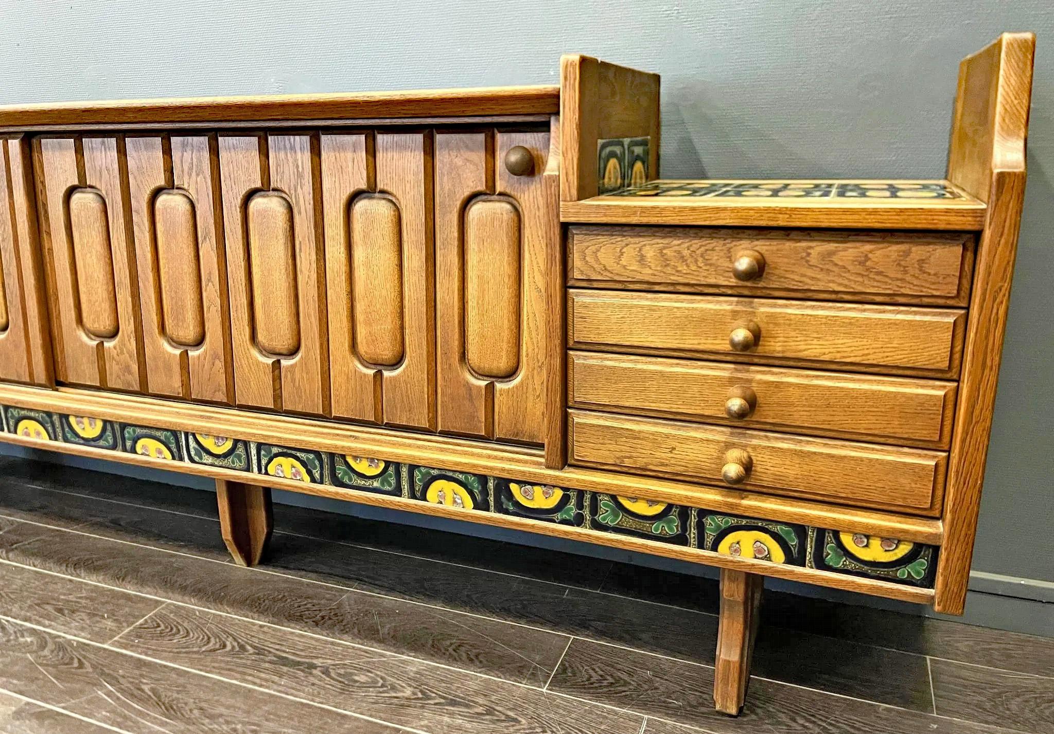 French Guillerme et Chambron  Sideboard in Oak and Ceramic, 