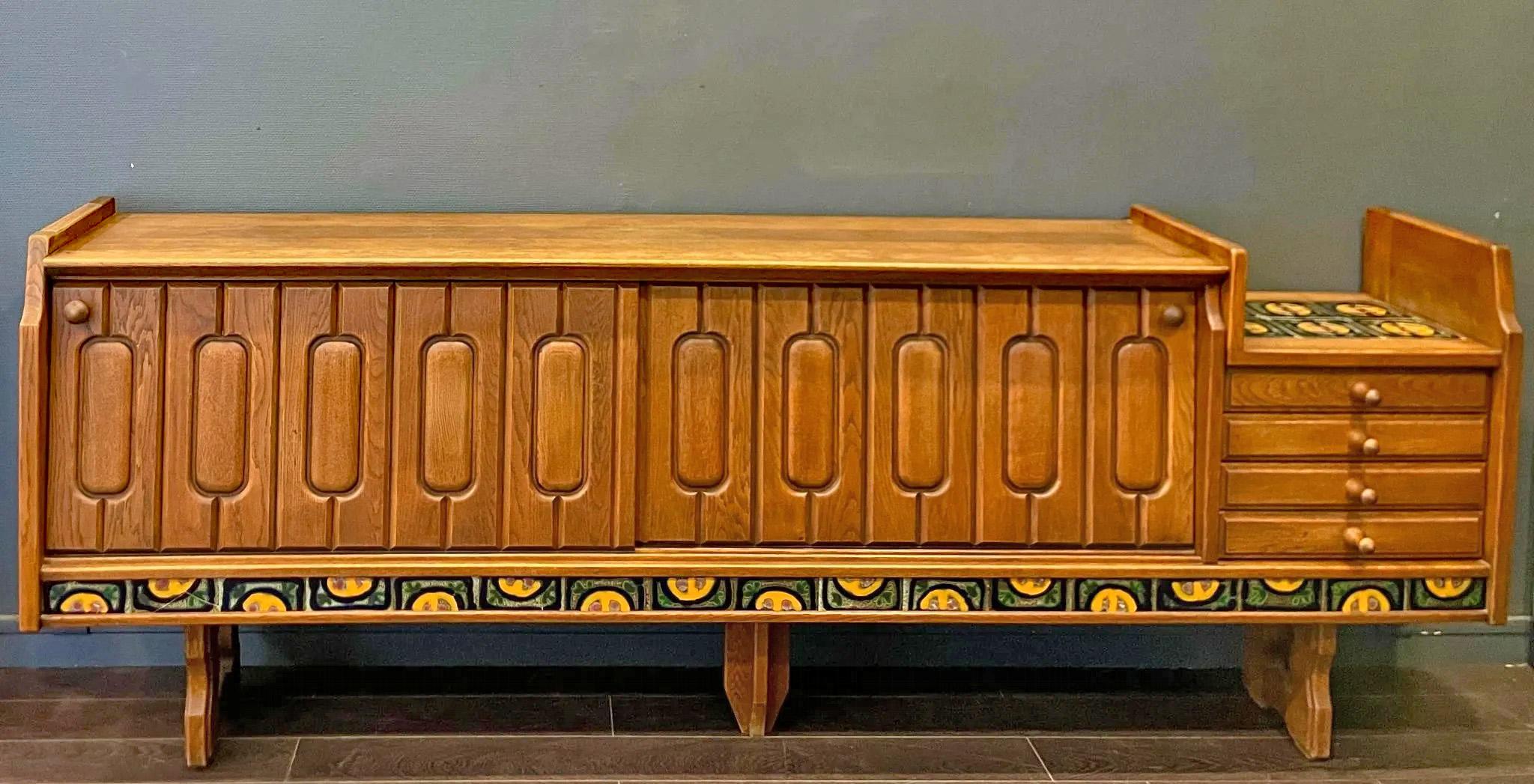 Late 20th Century Guillerme et Chambron  Sideboard in Oak and Ceramic, 