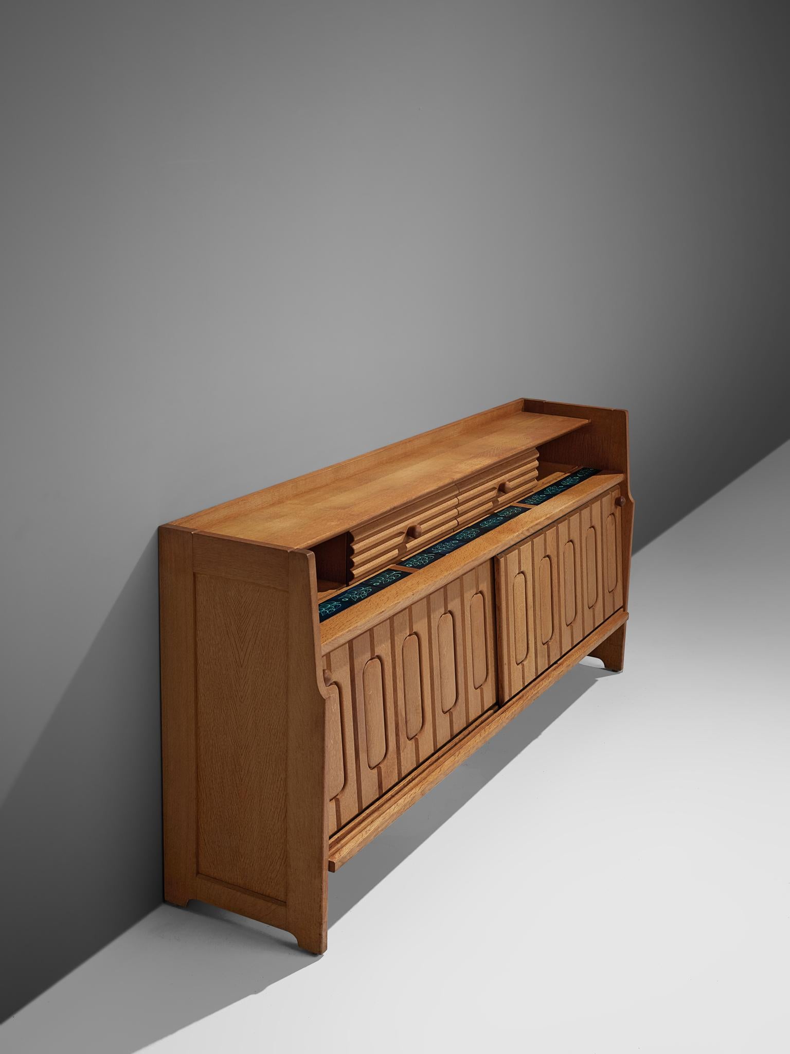 French Guillerme et Chambron Sideboard in Oak and Ceramics