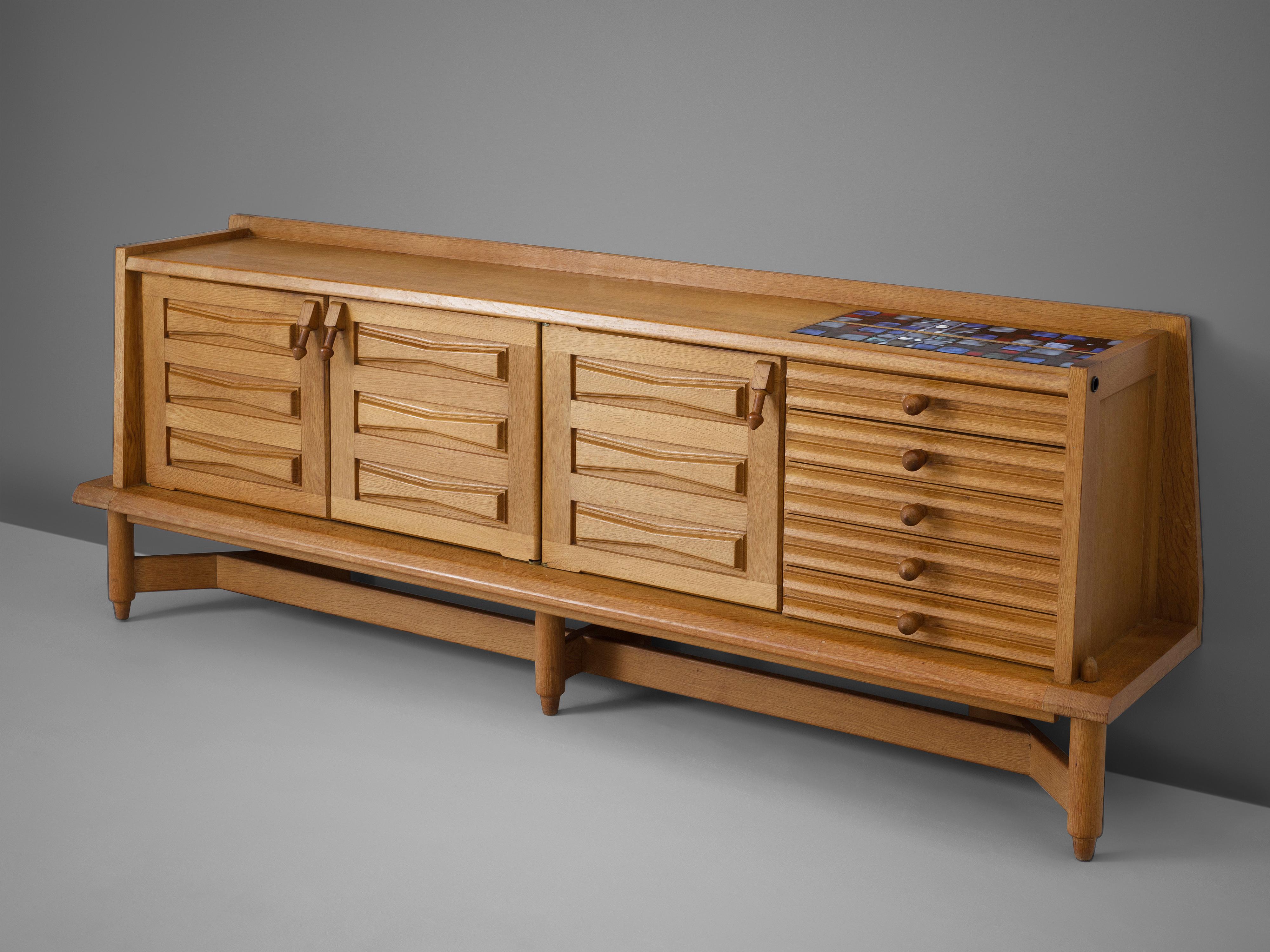 Mid-20th Century Guillerme et Chambron Sideboard in Oak with Ceramic