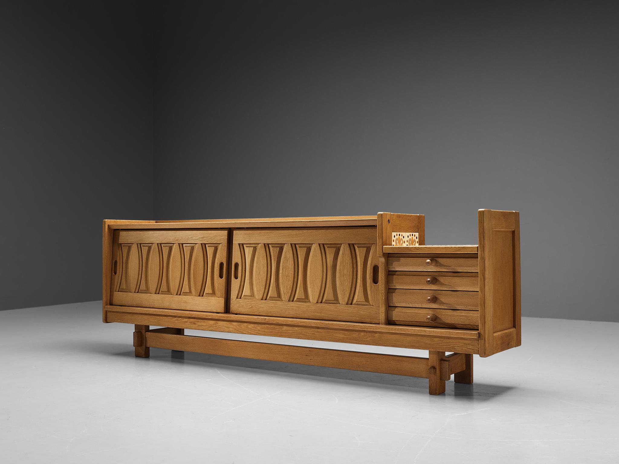 Mid-20th Century Guillerme & Chambron Sideboard in Solid Oak and Ceramics