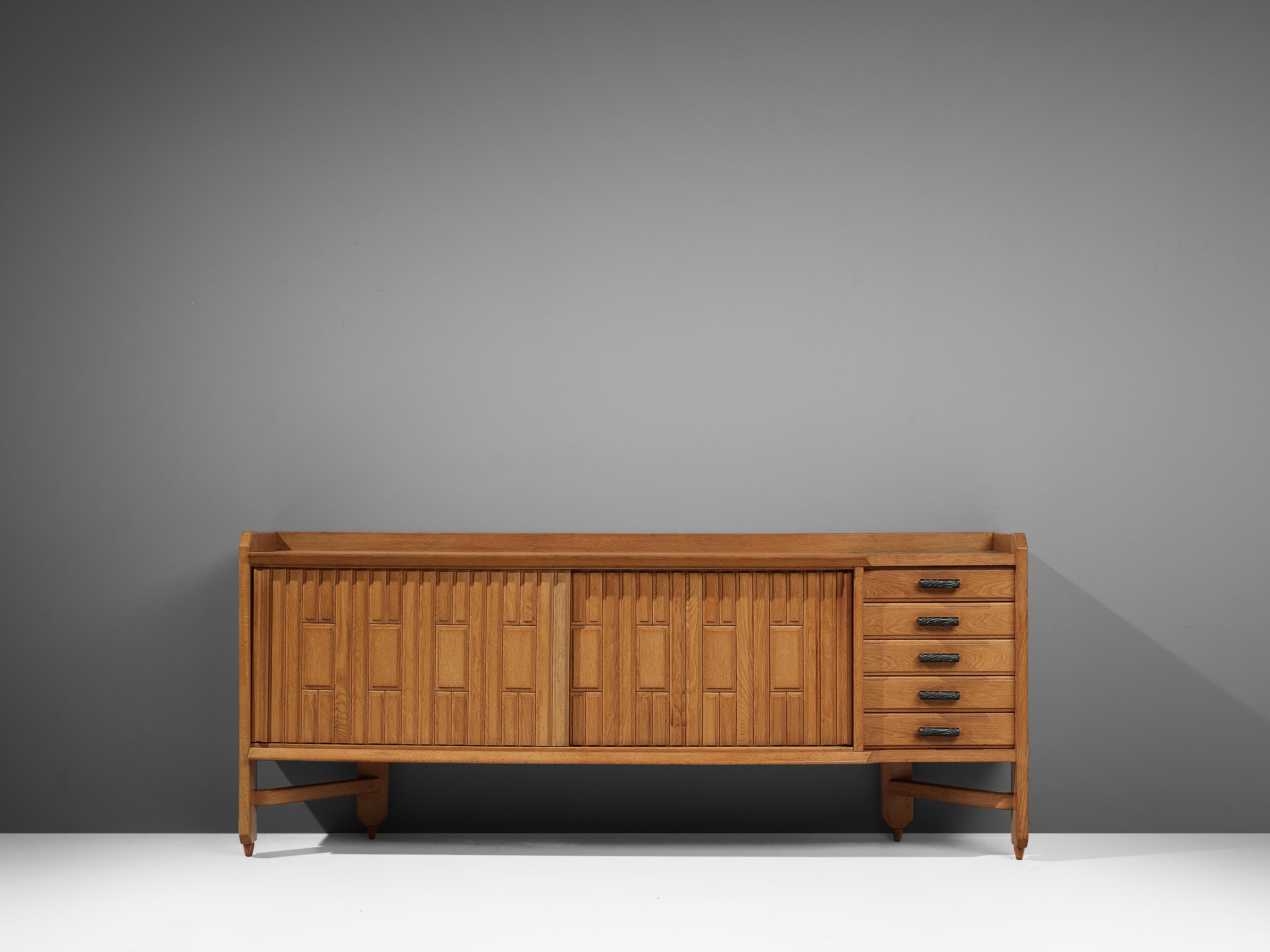 Mid-Century Modern Guillerme et Chambron Sideboard in Solid Oak with Ceramic Tiles