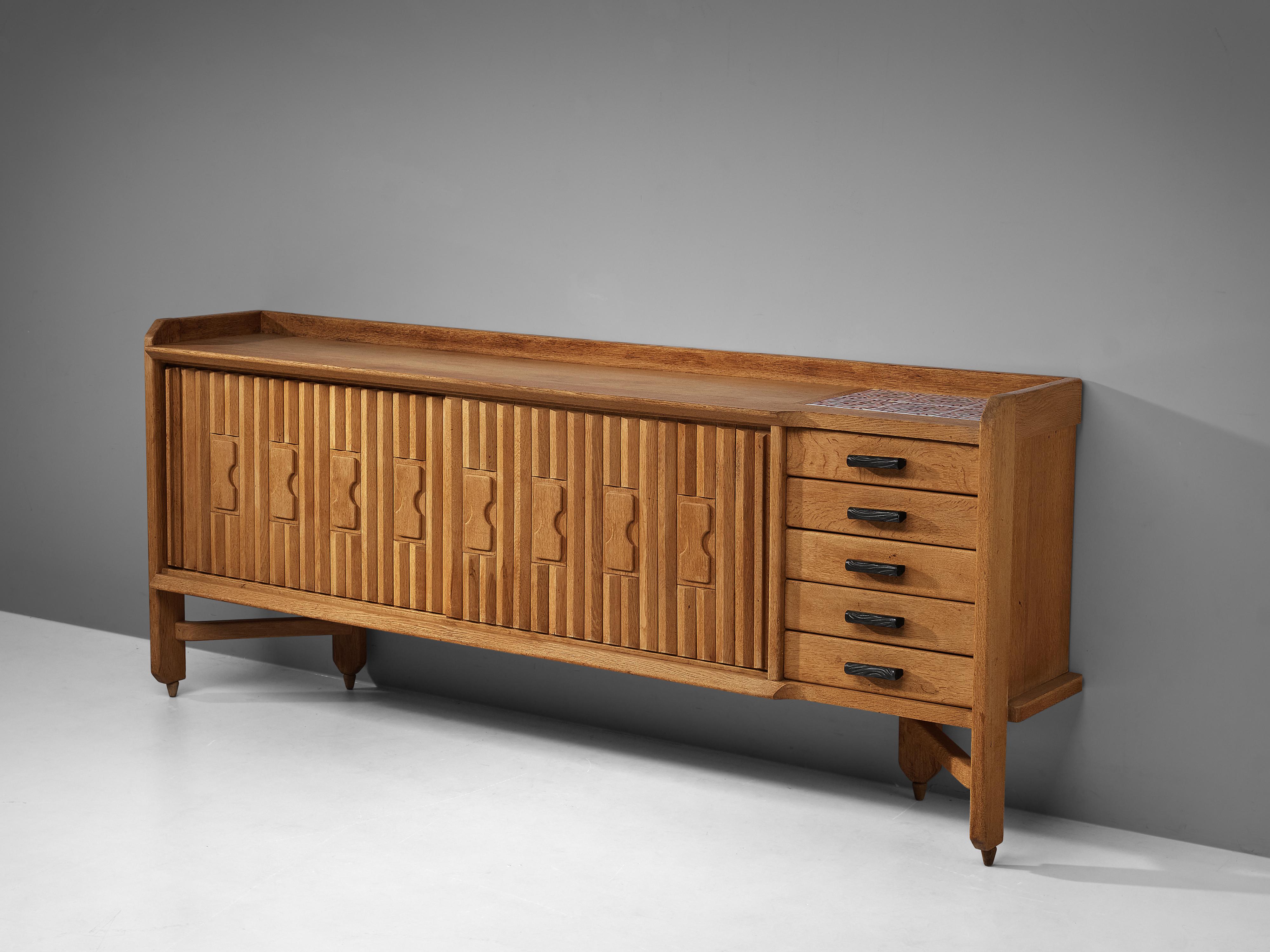 Mid-20th Century Guillerme et Chambron Sideboard in Solid Oak with Ceramic Tiles